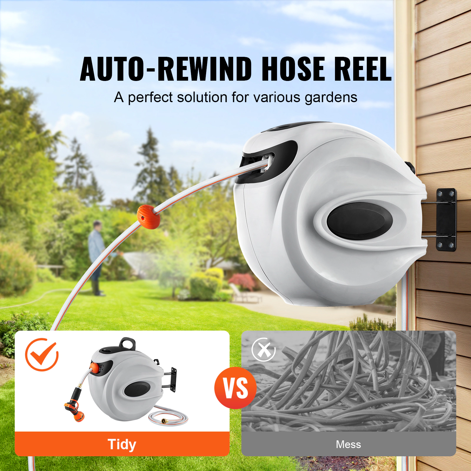 HONGGE Retractable Garden Hose Reel, 1/2 in x 130 ft, Wall-Mounted, Auto Rewind, 9-Pattern Nozzle, 180 Swivel Bracket
