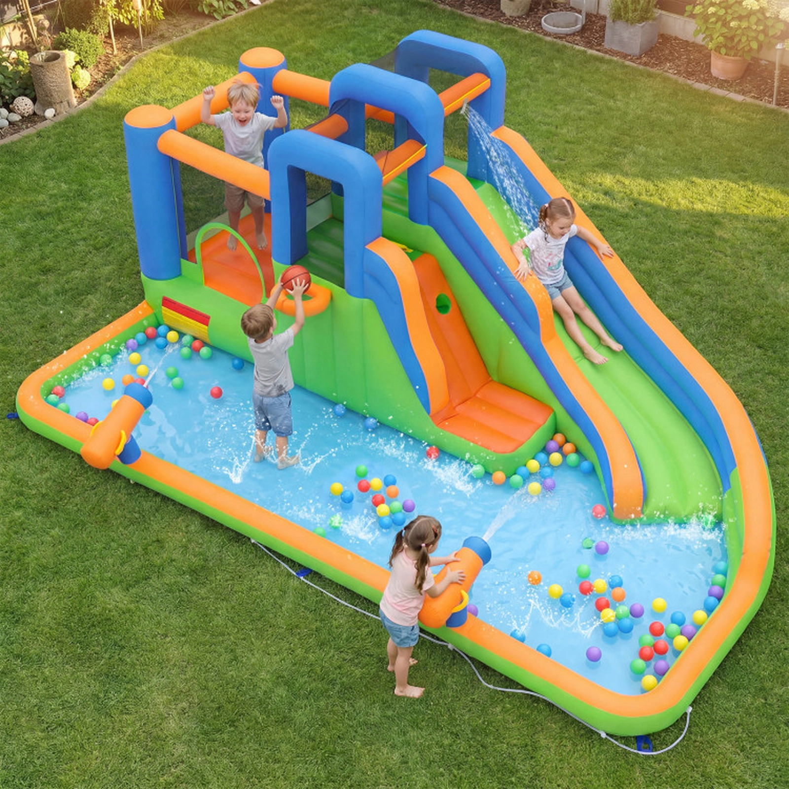 SUGIFT Inflatable Water Slide Park with 182.5-in Splash Pool 2 Climbing Walls and 780W Blower for Yard