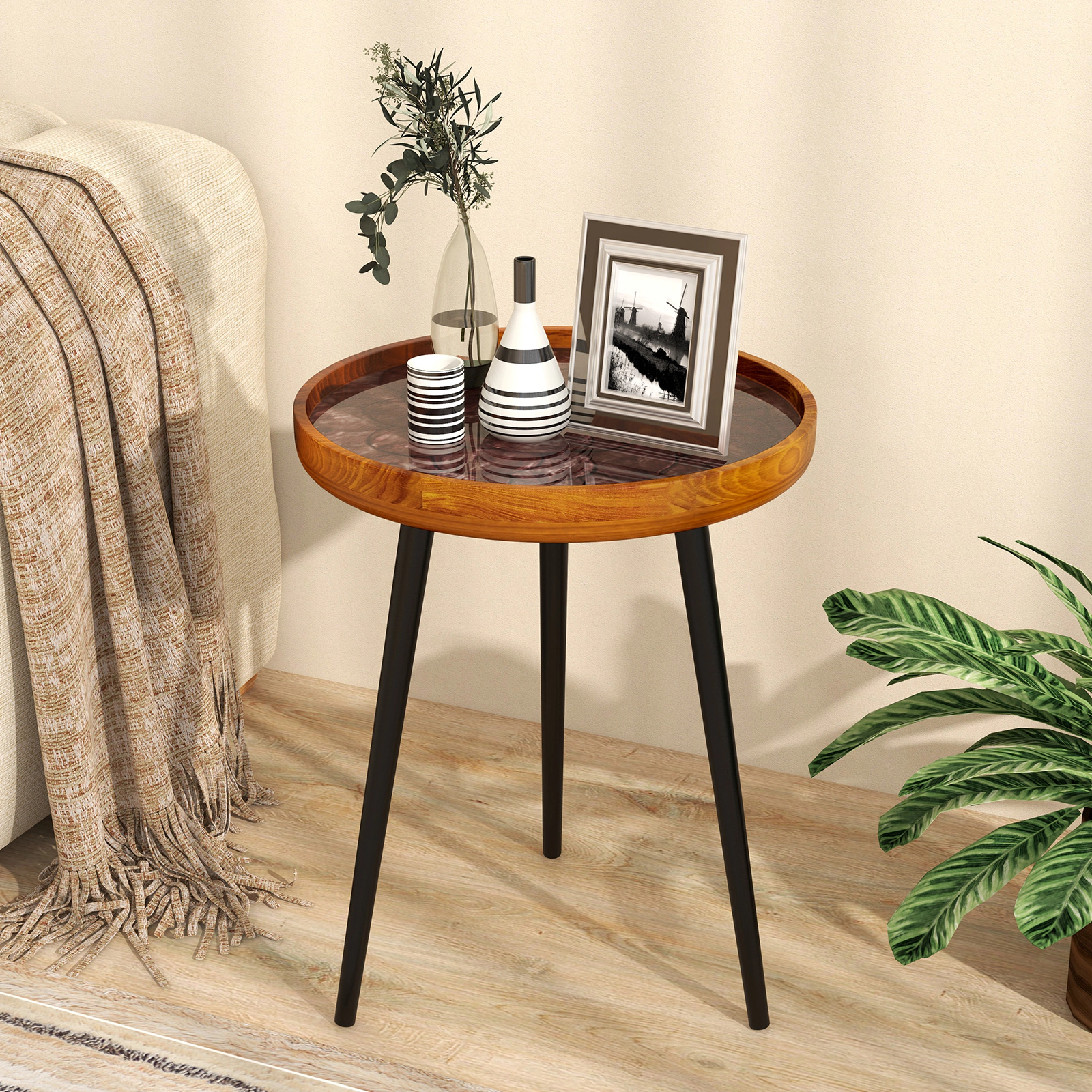 Glintex 16-Inch Round Sea Shell End Table with Teak Wood Top and Epoxy Resin Finish, Green