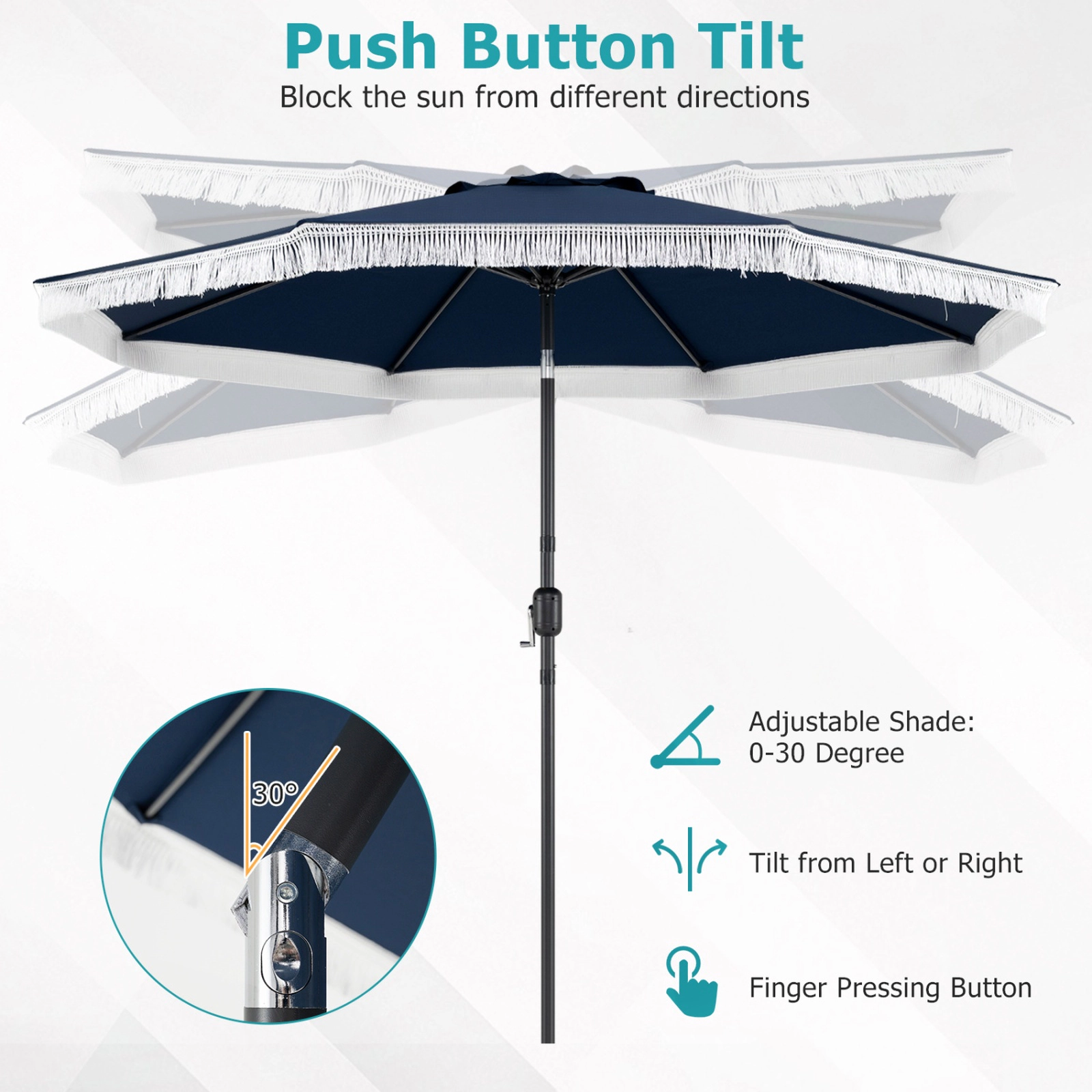 SUGIFT 9-ft Navy Patio Umbrella with Tassel Fringe Scalloped Canopy 25-Degree Tilt Safety Latch and 8 Ribs