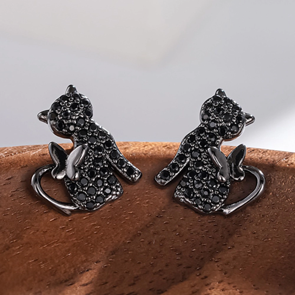 Wardrobe Whimsy Cat And Butterfly Stud Earrings Paved Cubic Zirconia Animal for Women