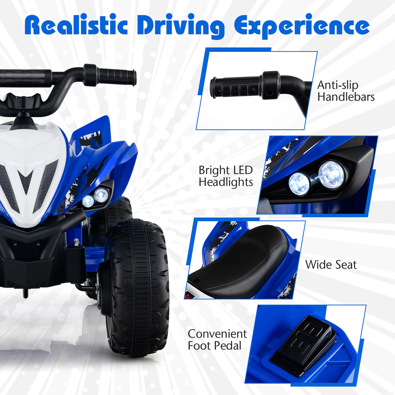 Glintex 12V Kids Ride-On Quad with a 3 to 7 Mph Range and Battery Display