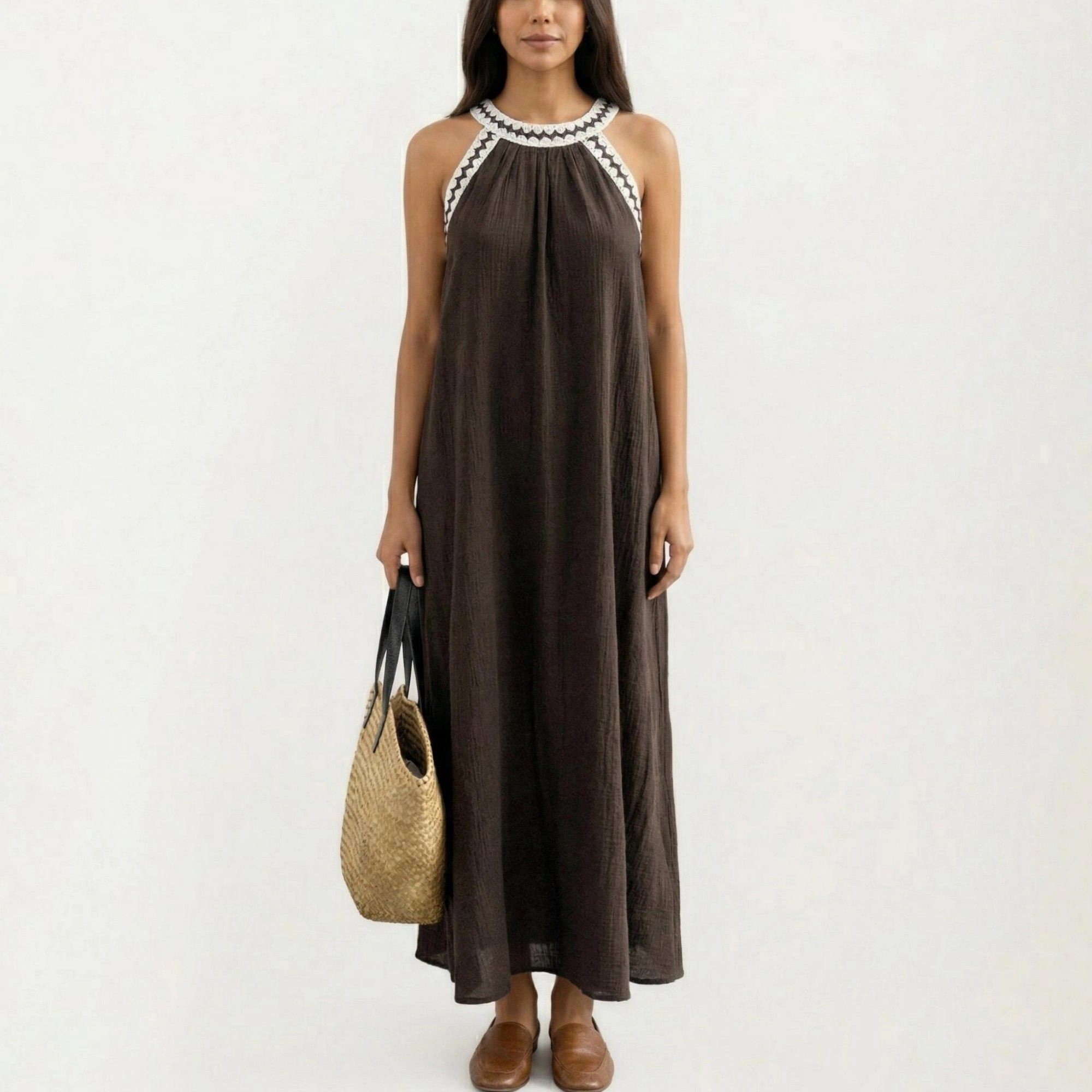 Anna-Kaci Womens Sleeveless Halter Neck Contrast Trim Maxi Dress