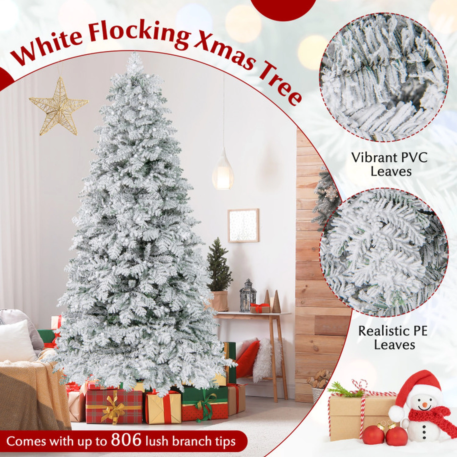 SUGIFT Pre-lit Hinged Snow-flocked Artificial Christmas Tree with Warm White LED Lights 7 Feet Green & White