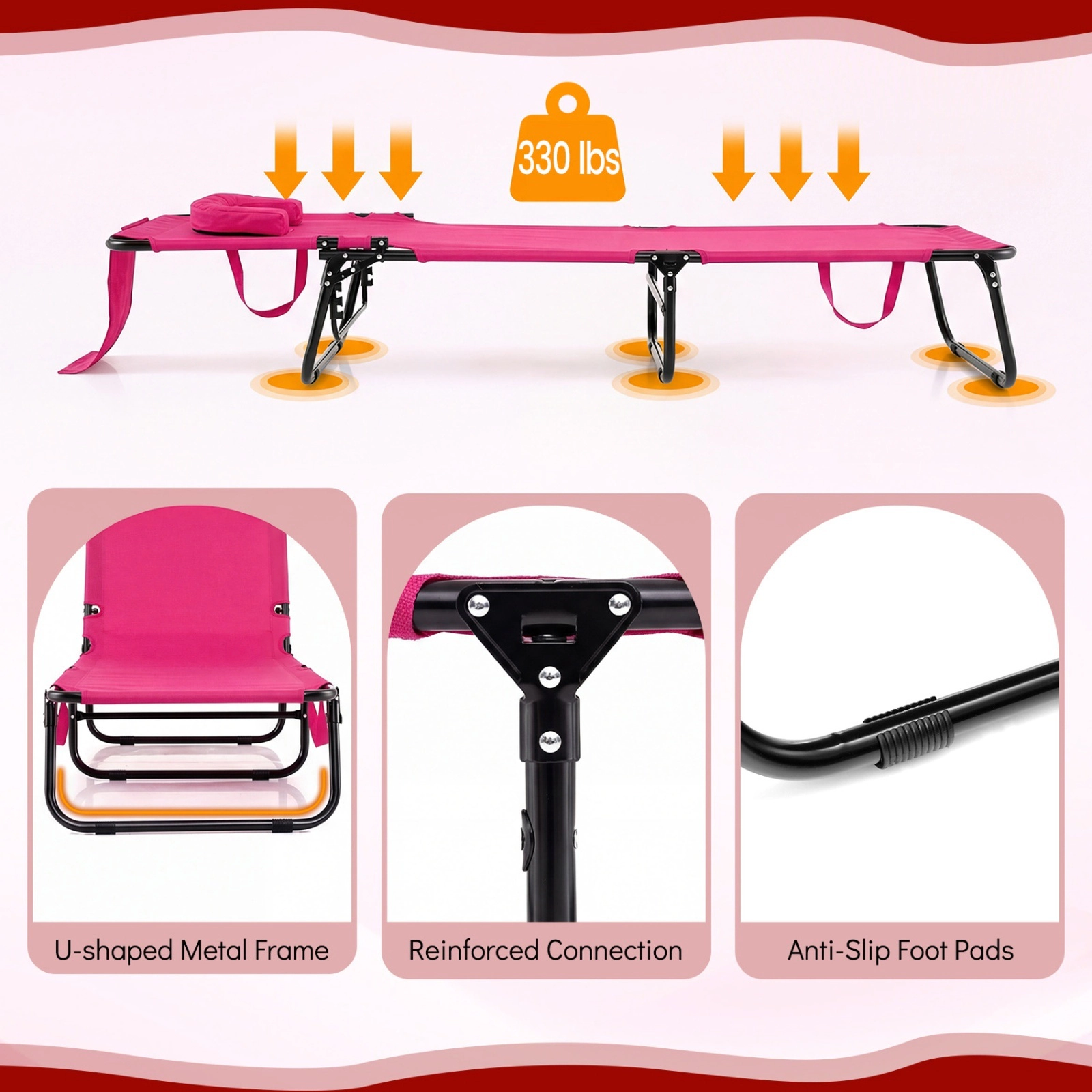 SUGIFT Folding Sunbathing Lounger, Pink, Face Hole, 3 Pillows, 4-Level Recline, 330 lb Capacity