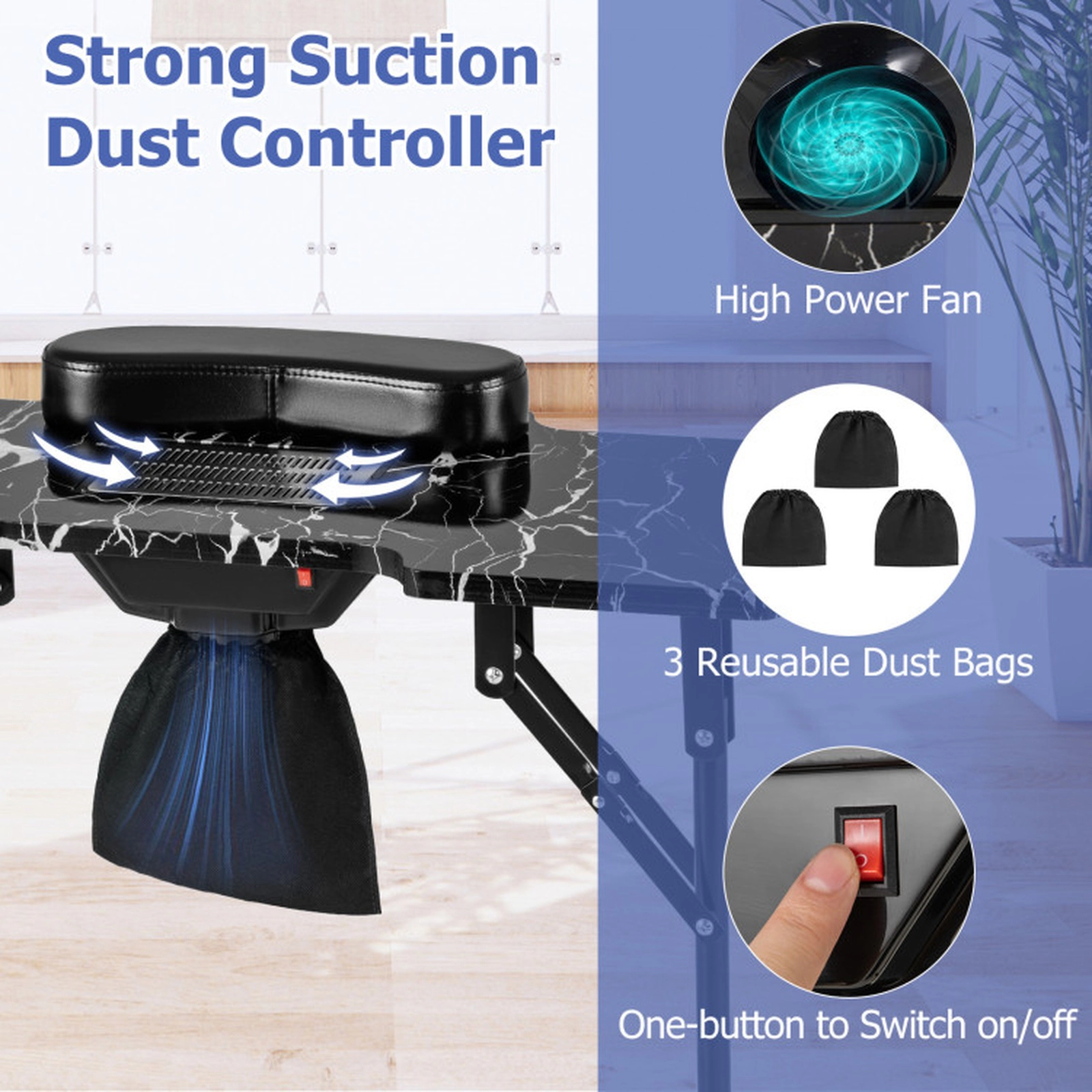 SUGIFT Folding Electric Dust Collector LED Lamp Manicure Nail Desk 35.5-in x 16-in x 30.5-in 66-lb Capacity Black