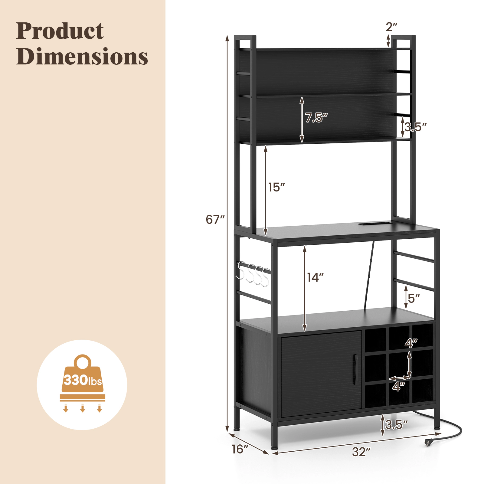 SUGIFT Coffee Bar Cabinet Black with Power Outlet S-Shaped Hooks and Wine Holders