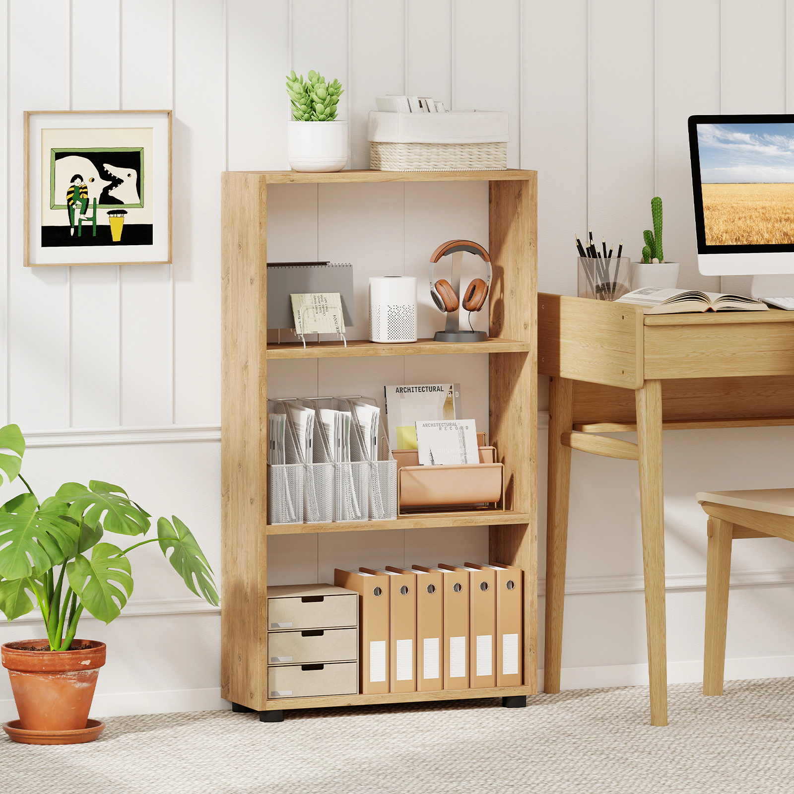 Costway 42'' Bookshelf 3-Tier Bookcase w/Anti-Tipping Kit for Living Room Home Office White