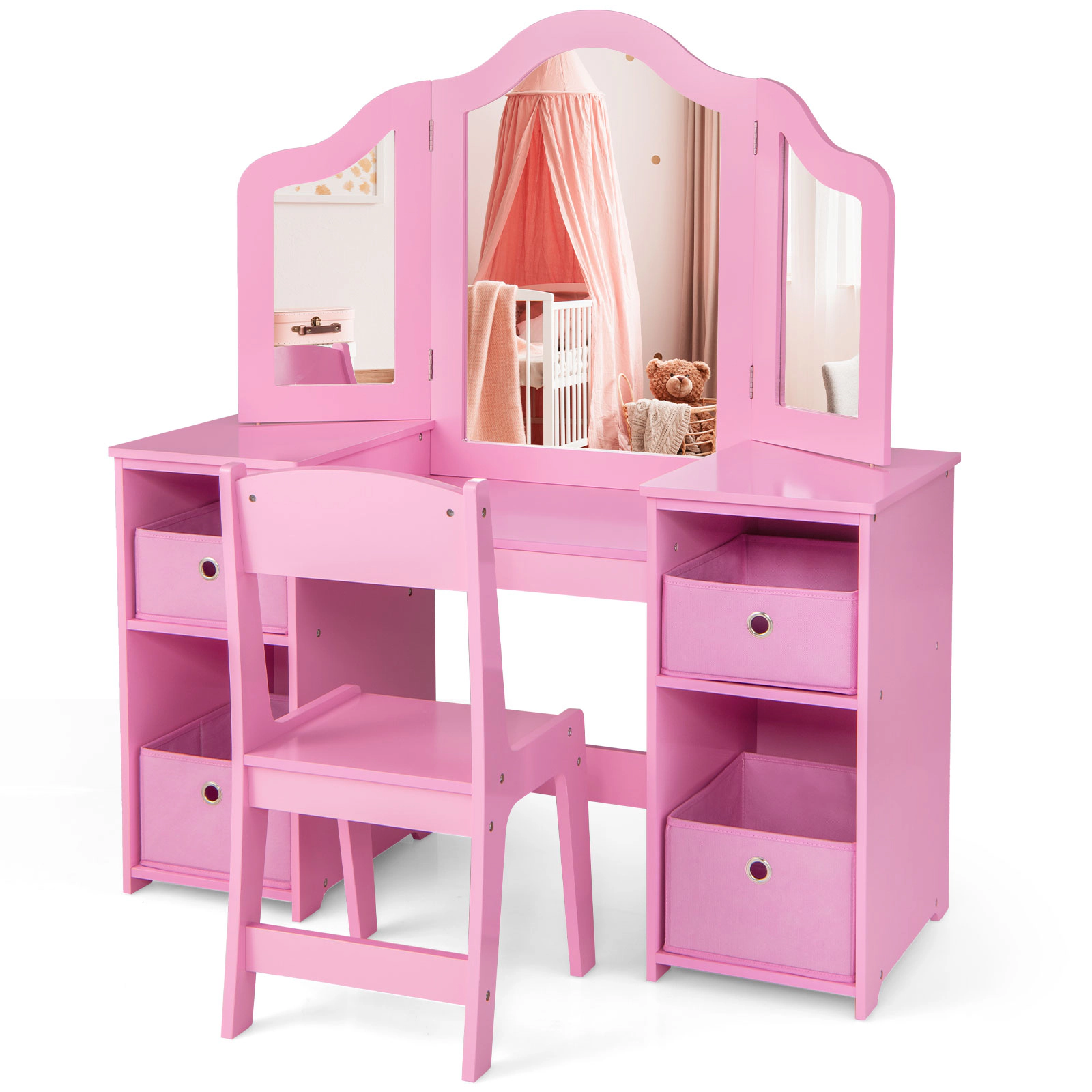 SUGIFT 2-Piece Pink Kids Vanity Table and Chair Set, 3 Removable Mirrors, 4 Fabric Bins