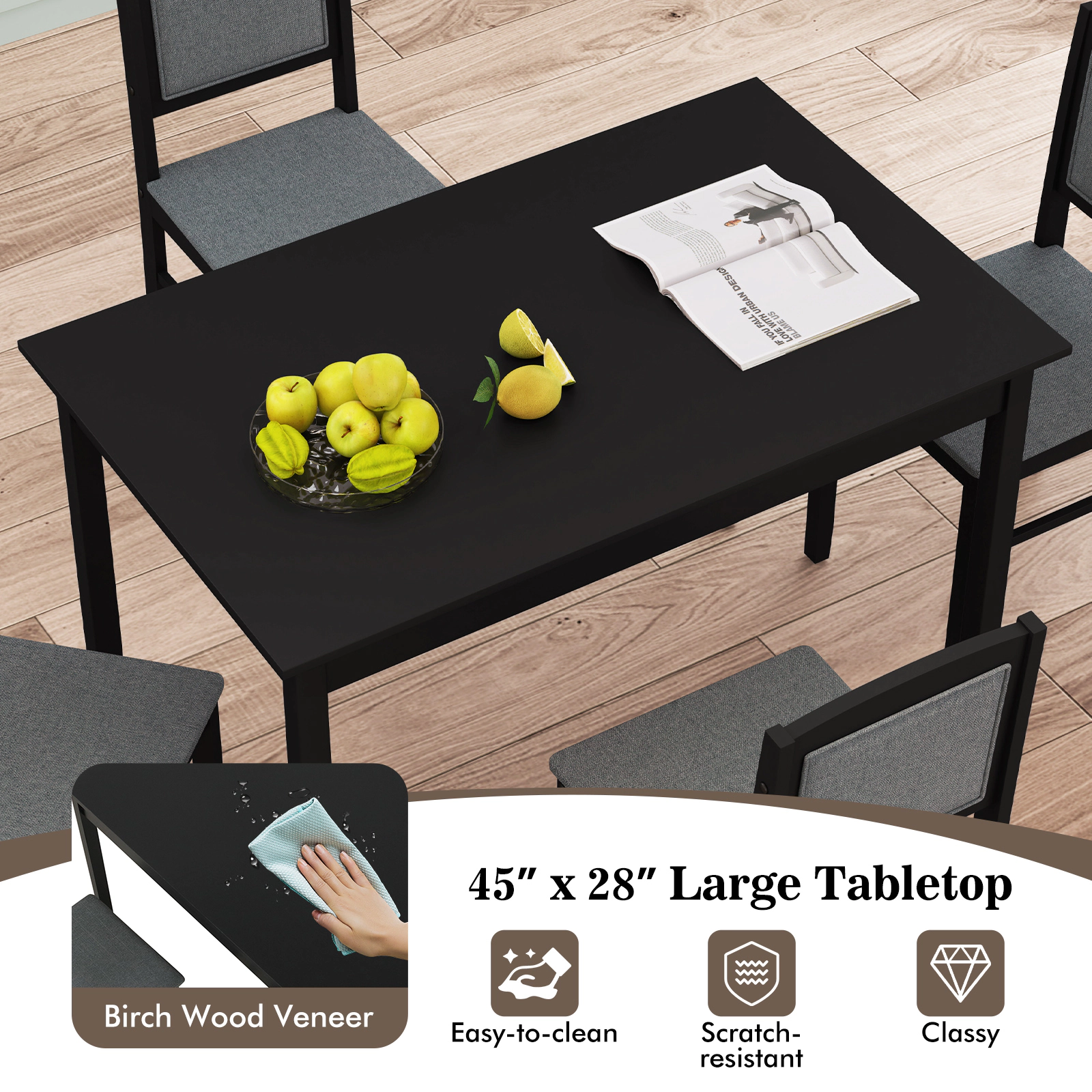 SUGIFT 5-Piece Farmhouse Dining Set for 4, 45-Inch Table with Upholstered Chairs