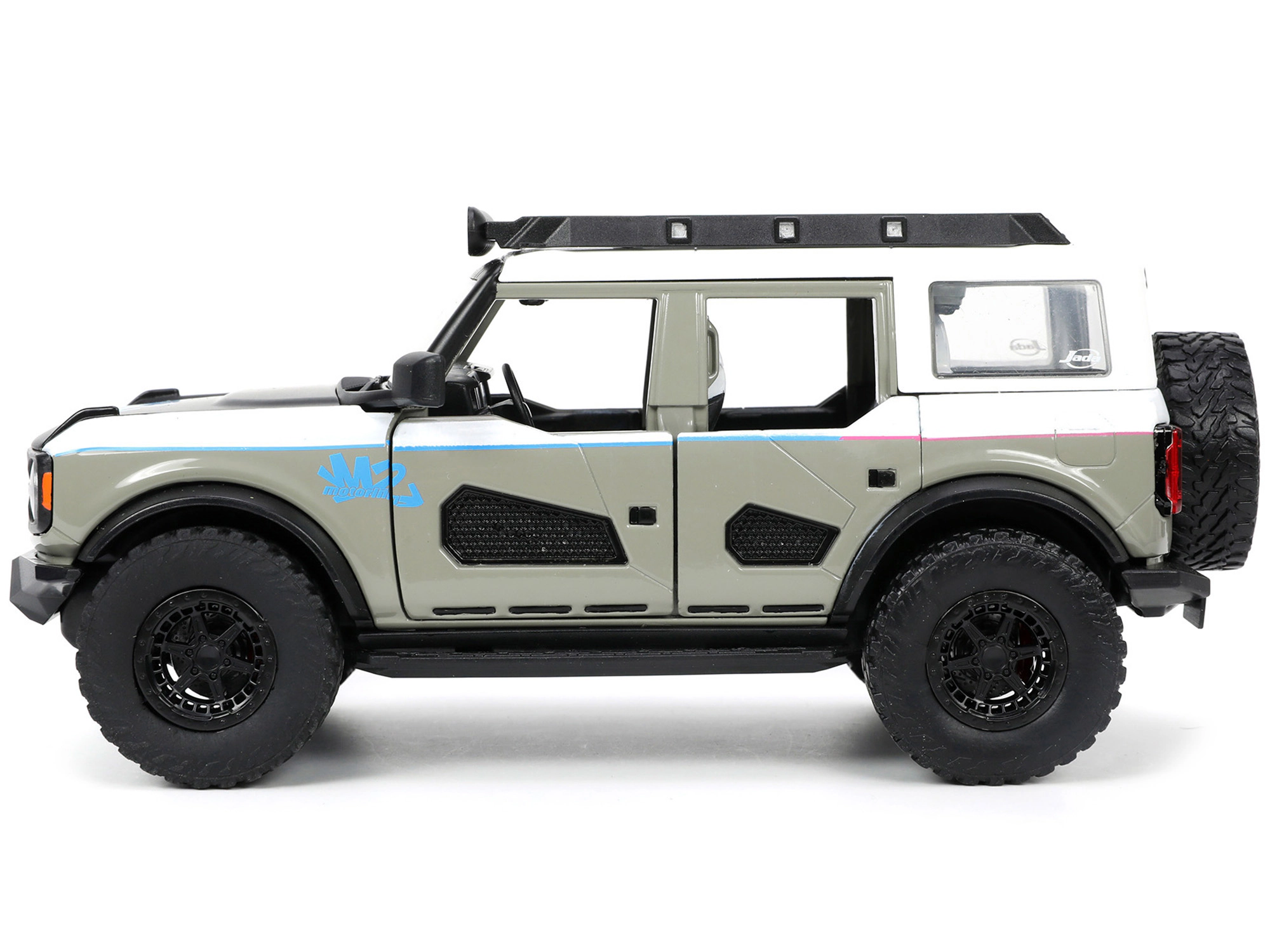 Jada 2021 Ford Bronco Gray and White with Matt Black Hood with Roof Rack "M2 Motoring" "Just Trucks" Series