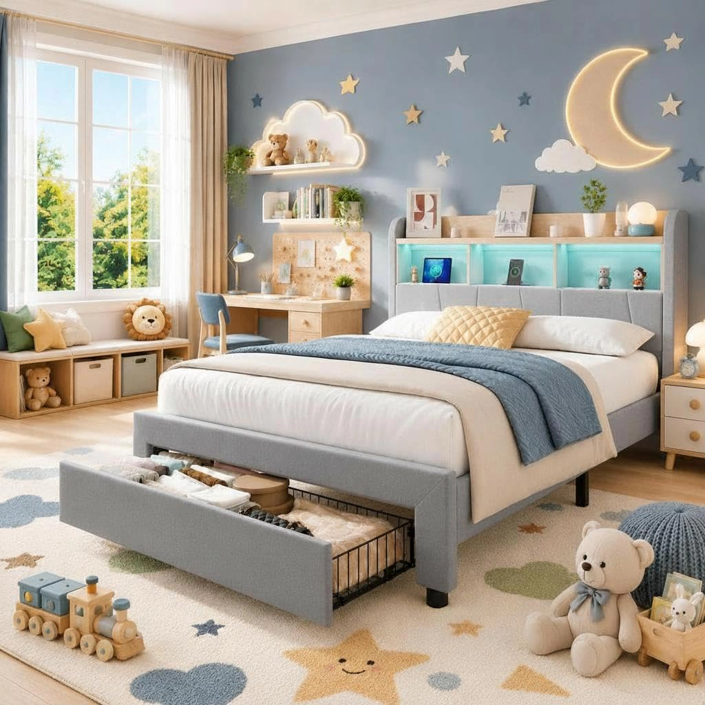 Linen Upholstered Platform Bed with 2 Drawers, Storage Headboard, Charging Station and RGB LED Lights