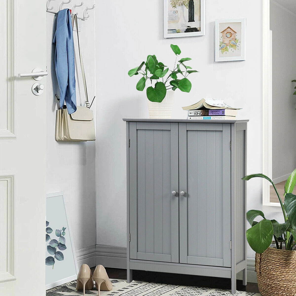 SUGIFT Bathroom Floor Storage Double Door MDF Cupboard Cabinet 176-lb Top Capacity Gray