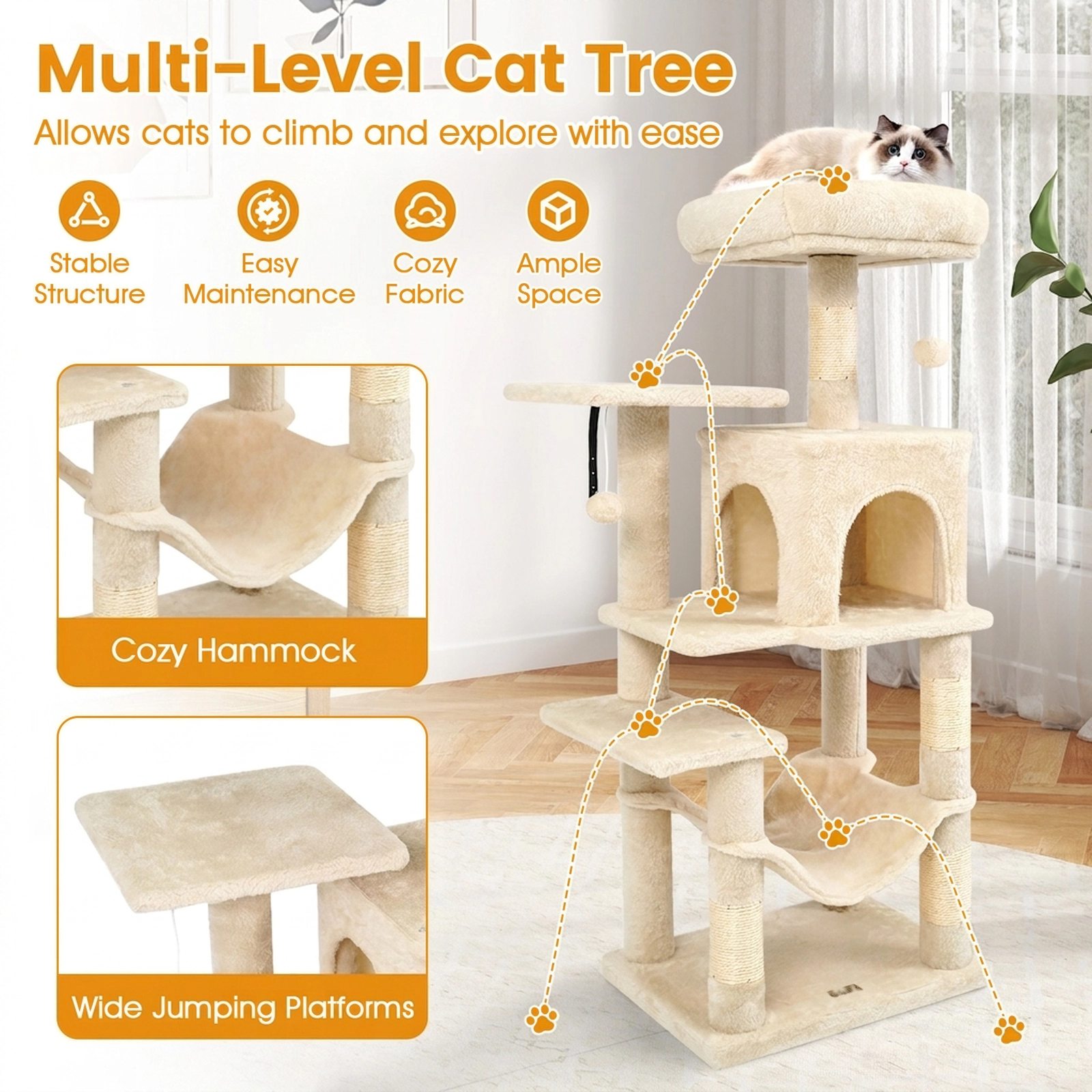 SUGIFT 44-in Beige Narrow Cat Tree Tower with 2-Door Condo Plush Hammock and Padded Top Perch for Small Spaces