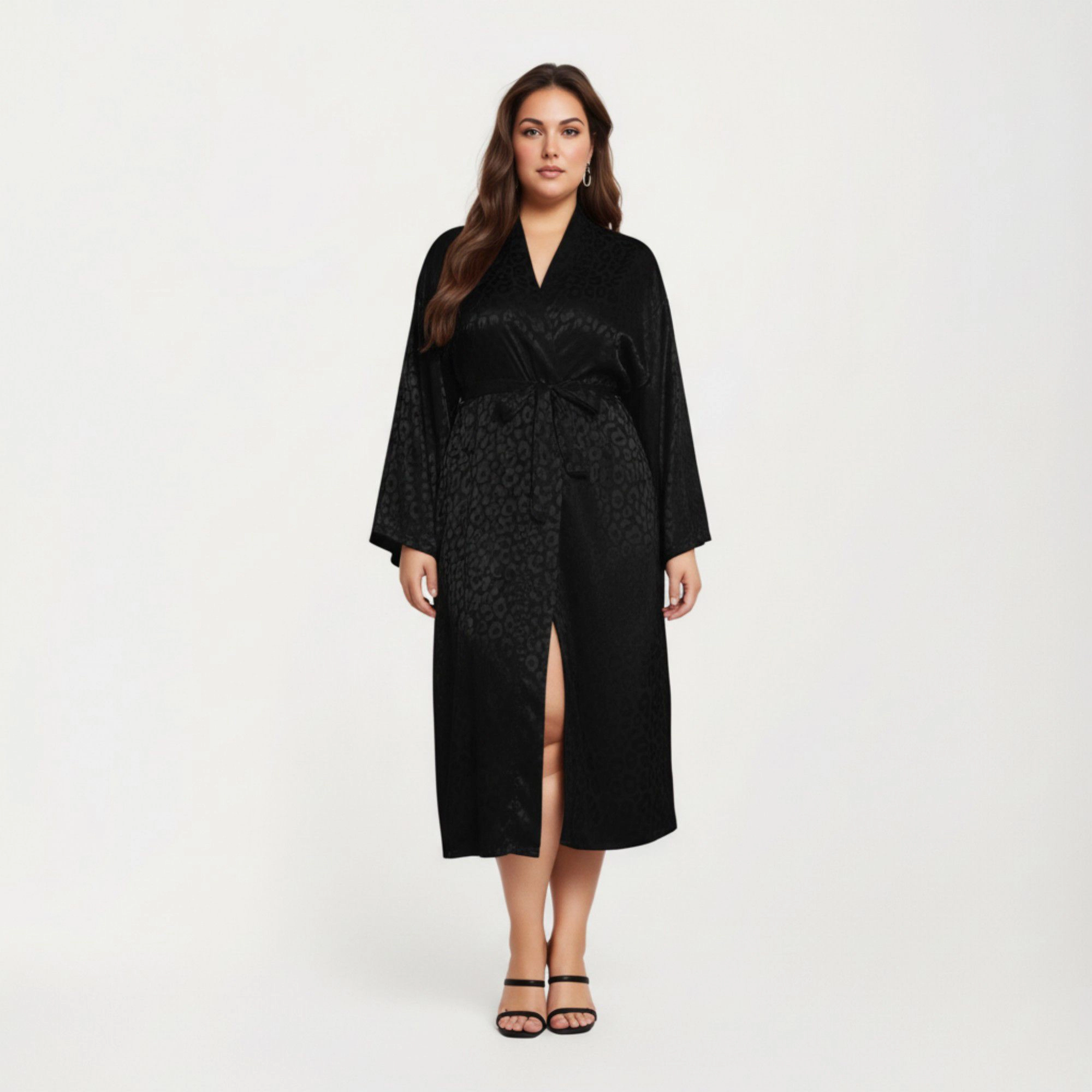 Anna-Kaci Women's Satin Jacquard Leopard Pattern Robe Waist Tie Silky Fabric Wide Sleeves and Longline Silhouette