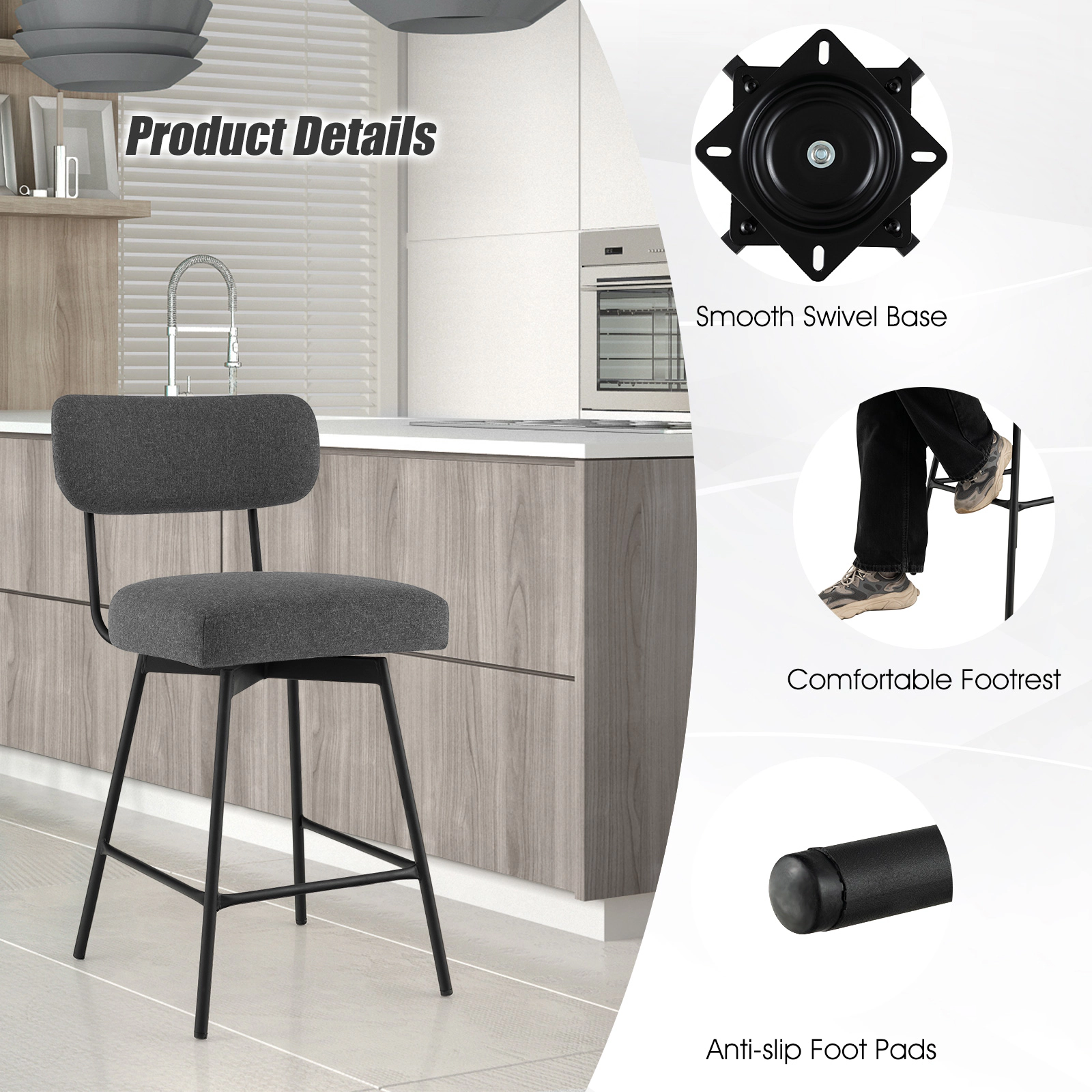 SUGIFT 25-in Seat Height 2-Piece Modern Upholstered Bar Stools with 360-Degree Swivel 250-lb Capacity Gray Beige