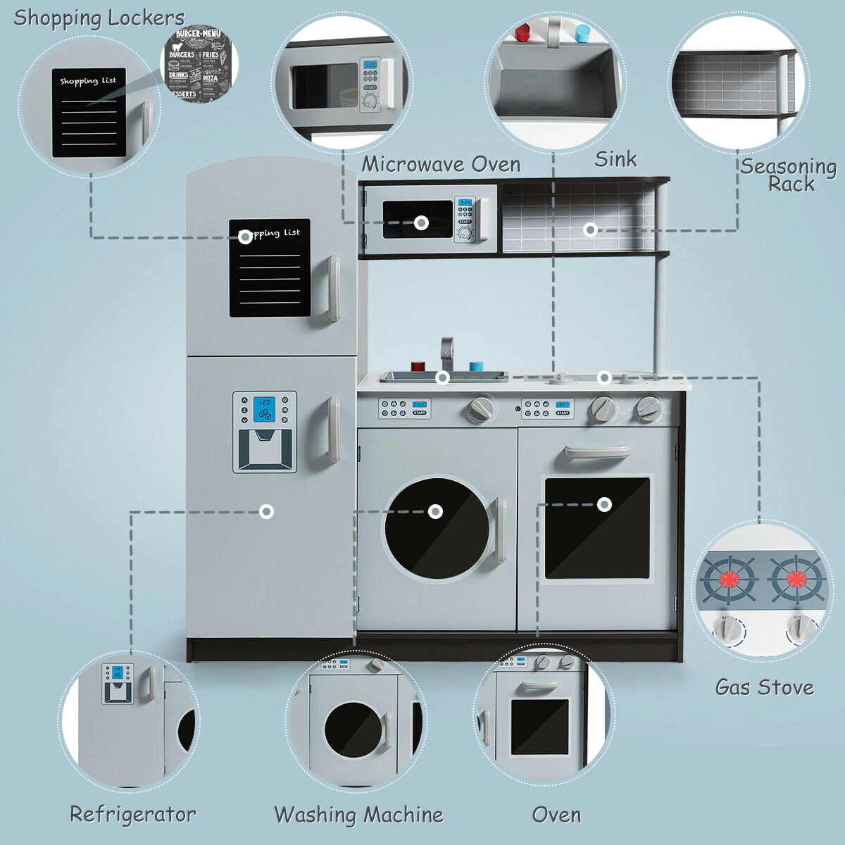 SUGIFT Gray Refrigerator Oven and Simulated Sound Kids Pretend Play Kitchen Cooking Set