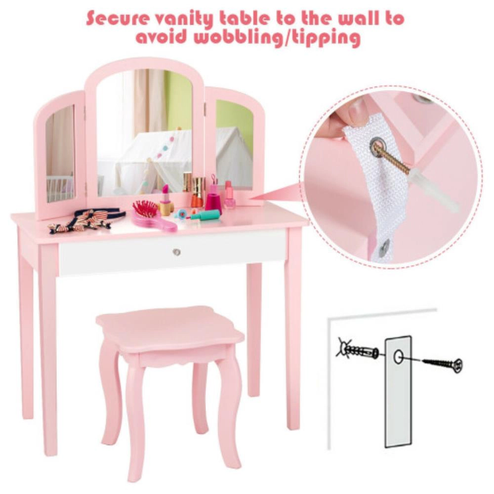 Hivvago Kids Princess Make Up Dressing Table With Tri-Folding Mirror And Chair