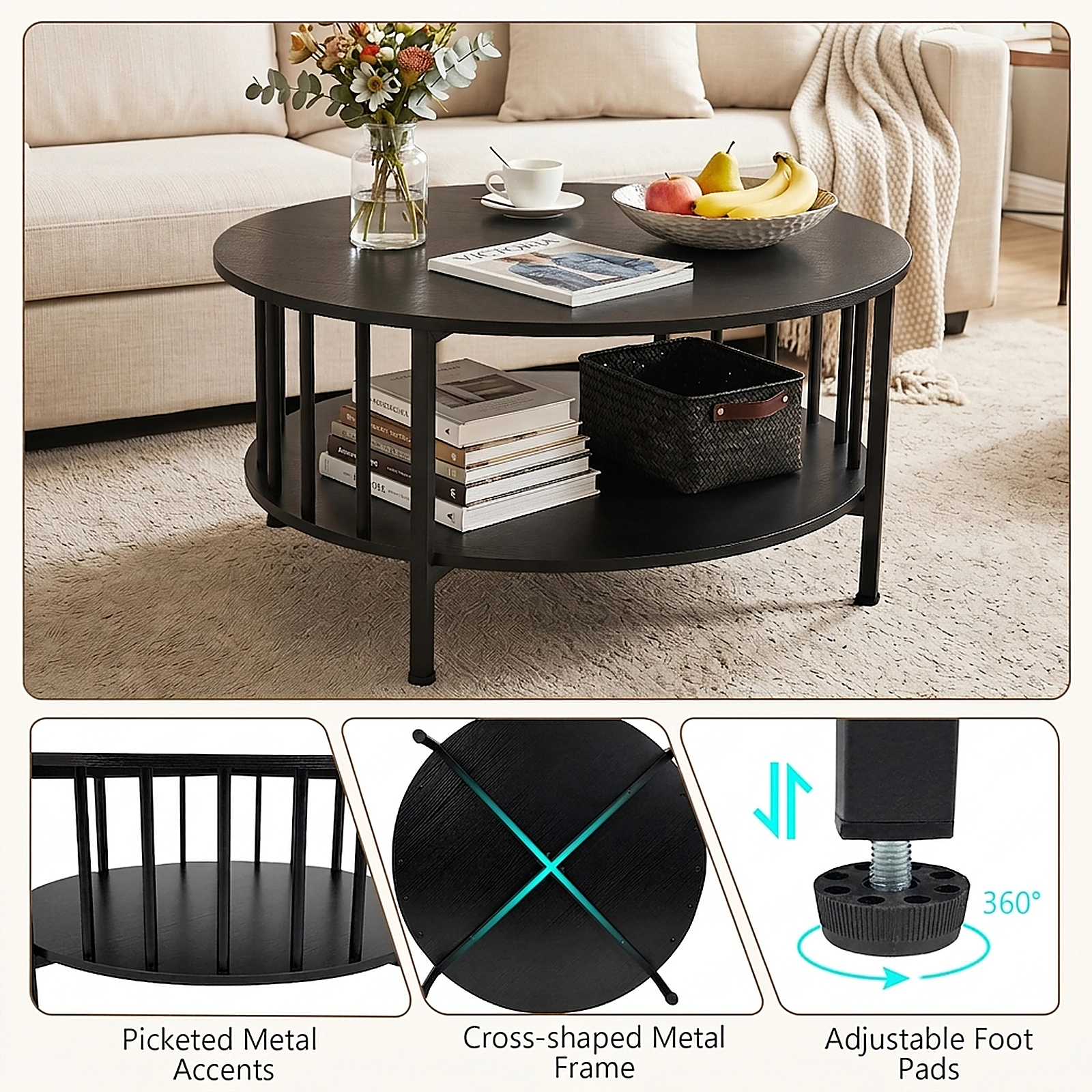 SUGIFT 2-Tier Round Coffee Table with Storage Shelf and Metal Accents 220-Lb Tabletop Capacity Black Walnut-Black