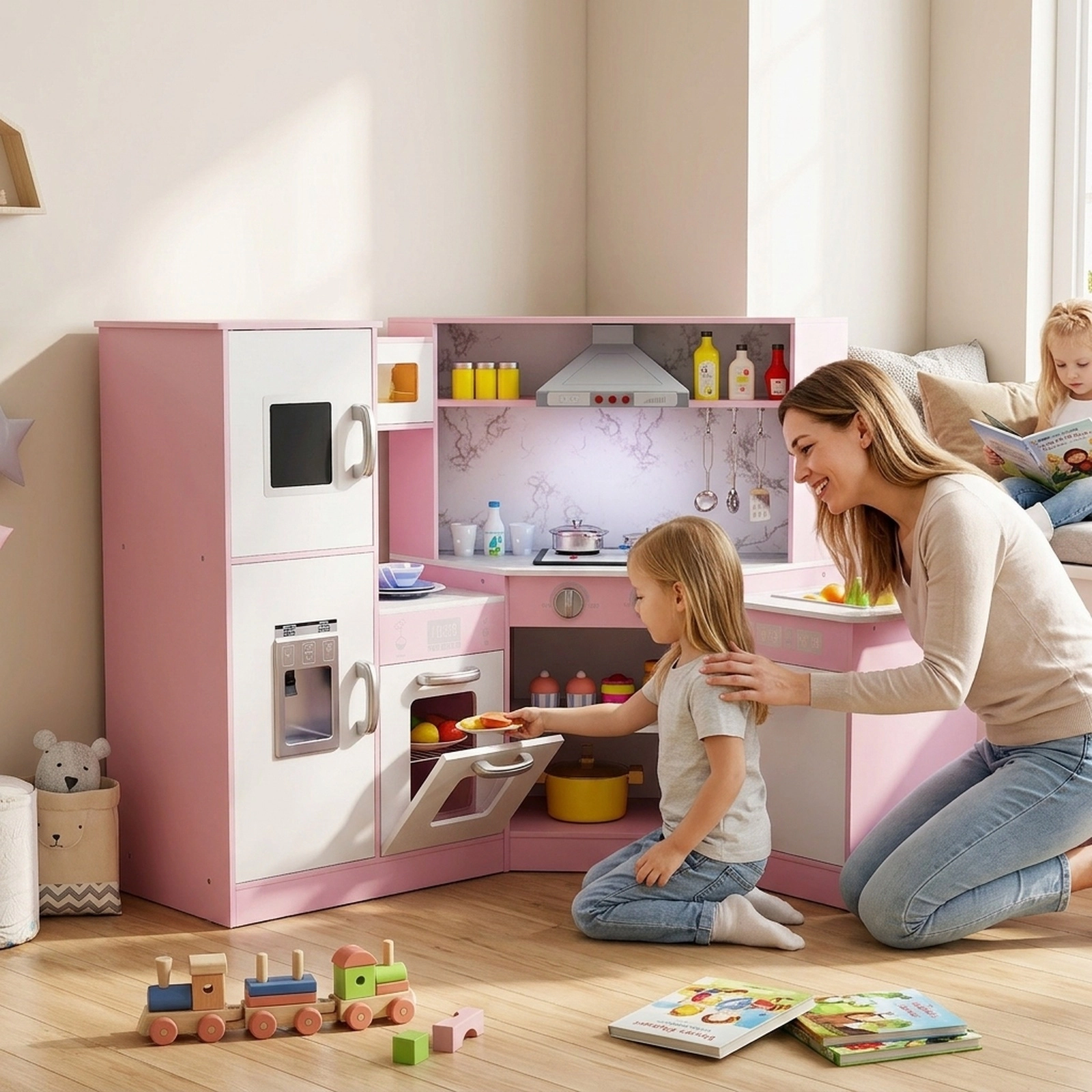 Corner Pretend Play Kitchen for Toddlers Chef Hat Apron Rotary Faucet Basin 17.5-in Countertop 39.5-in x 19.5-in x 32-in