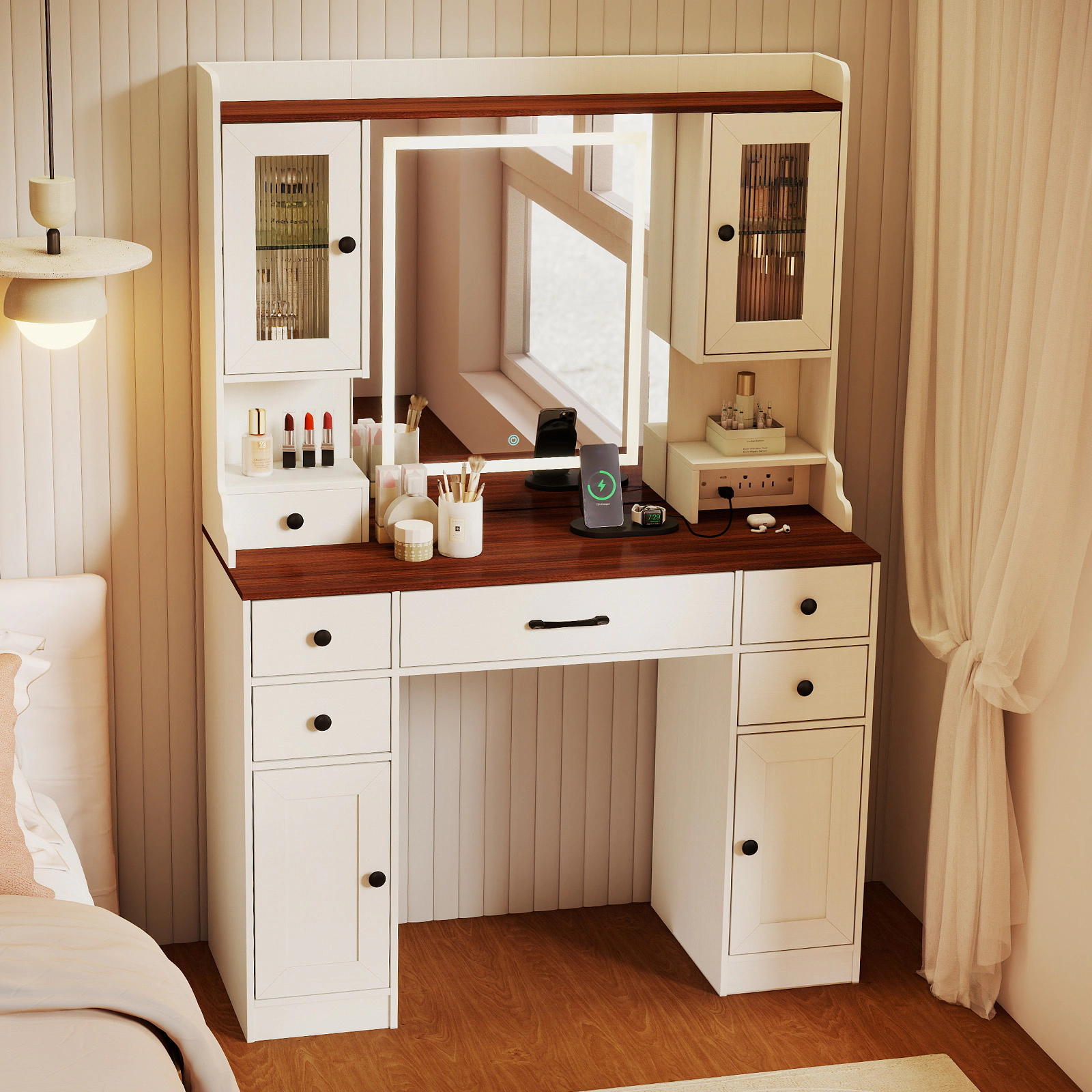 LJG 41.5 Inch Makeup Dressing Table with Power Outlets and 3 Color Lighting Modes
