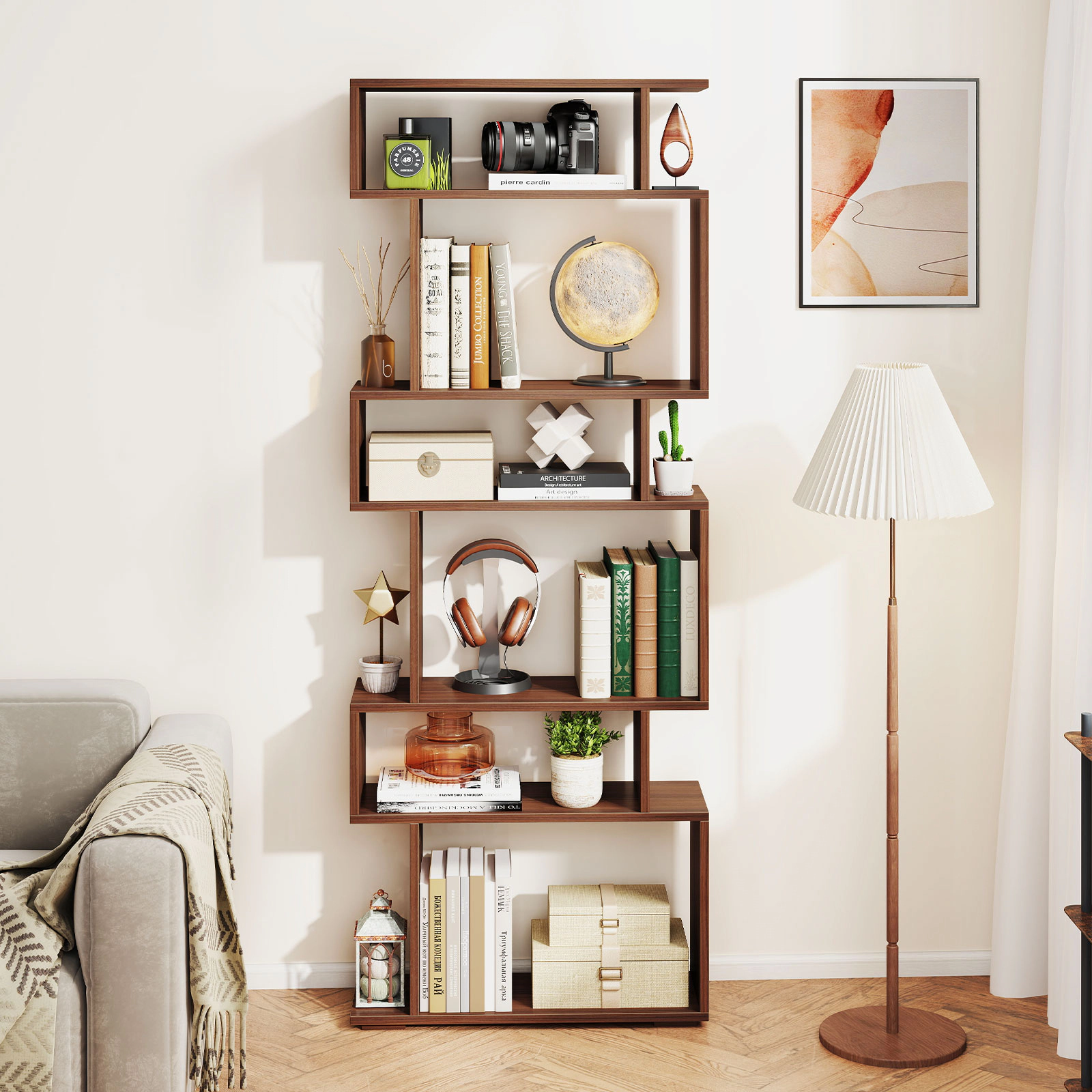 SUGIFT 6-Tier Walnut 64-in Tall Narrow Geometric Bookshelf 8-in Deep with 2 Anti-Tipping Kits for Small Spaces