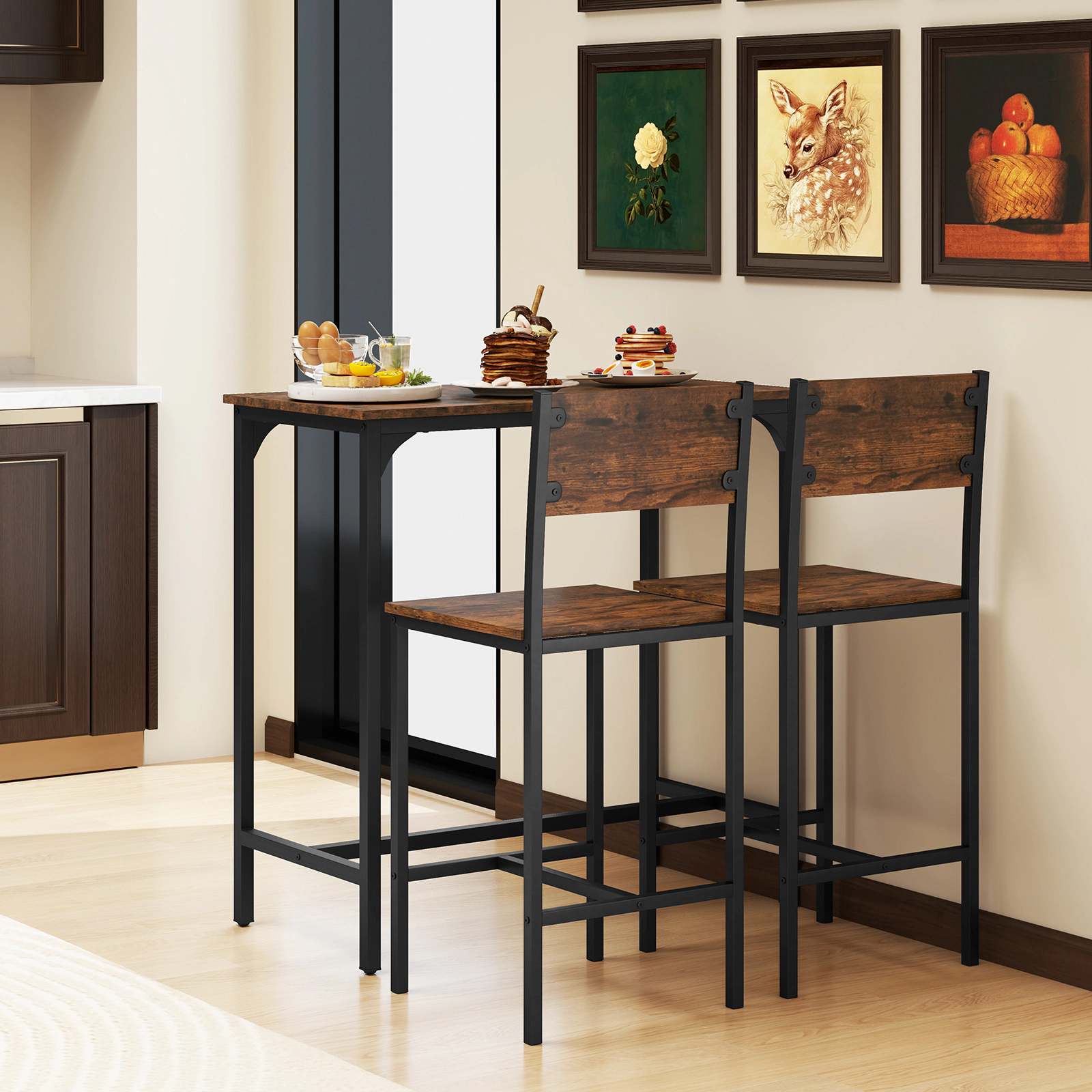 SUGIFT 3-Piece Rustic Brown Bar Table Set, 35.5-in Table with 2 Backrest Chairs
