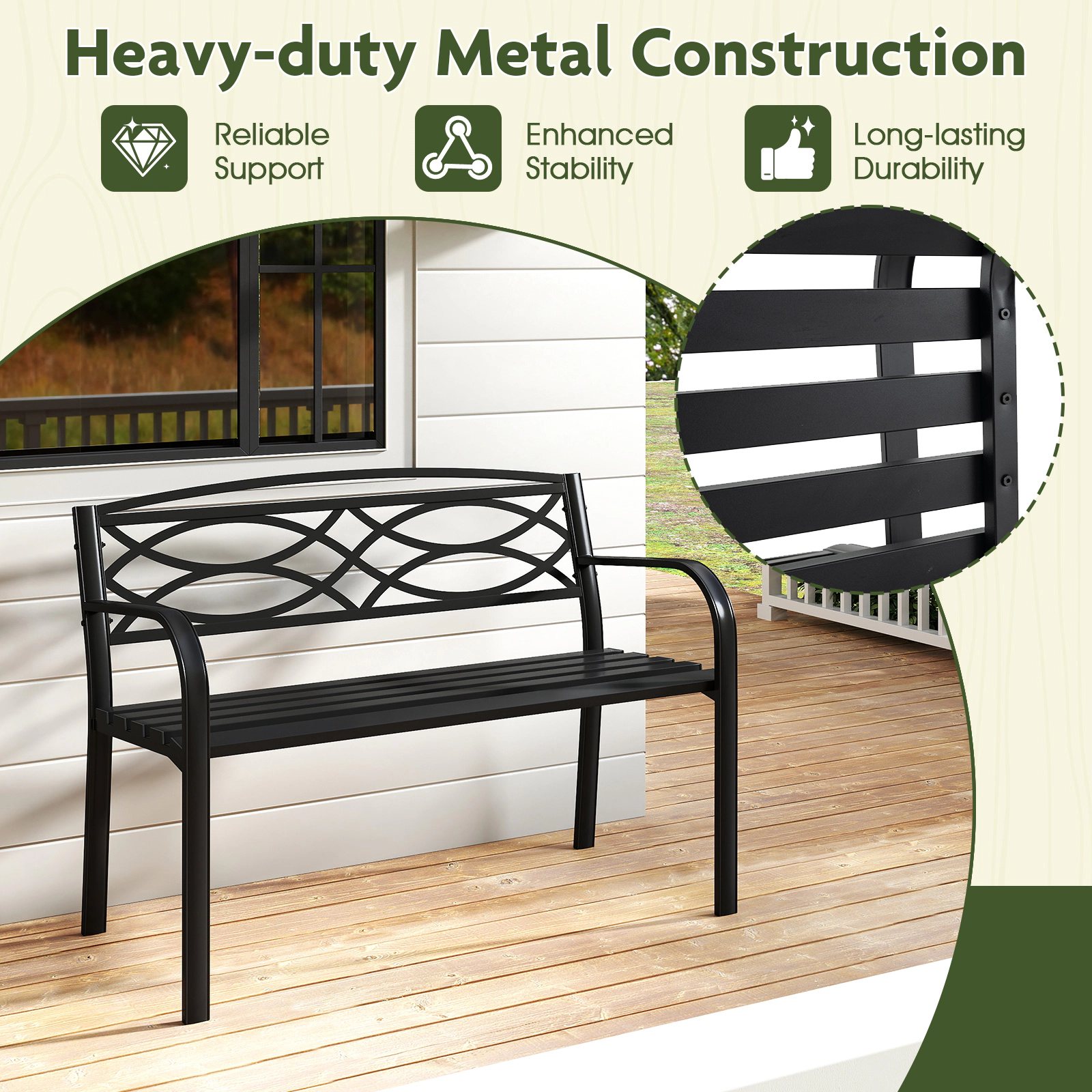 SUGIFT Reinforced Metal Garden Bench with Curved Armrests and Backrest 660-lb Capacity Black