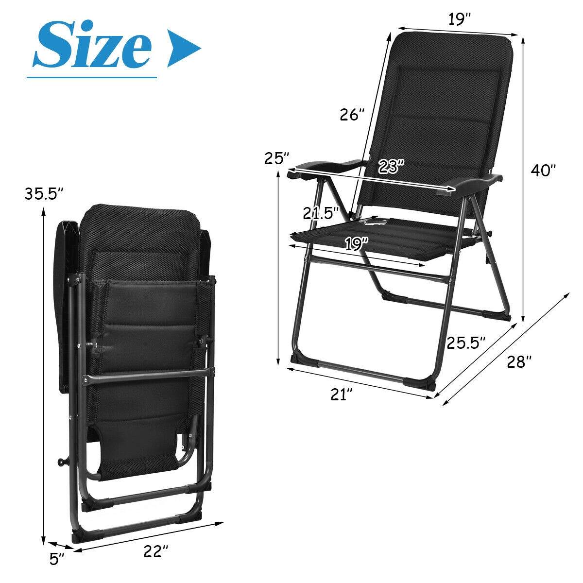 SUGIFT 2-Piece Outdoor Folding Patio Chairs with 7-Position Adjustable Backrests 300-lb Capacity Black/Gray