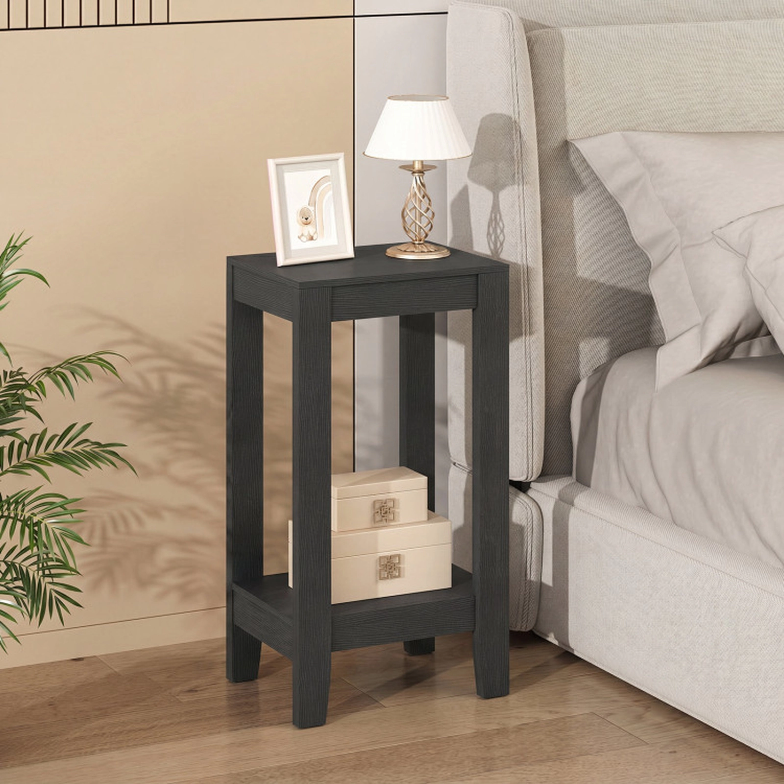 SUGIFT Black 29-Inch Tall 2-Tier Nightstand with Open Shelf