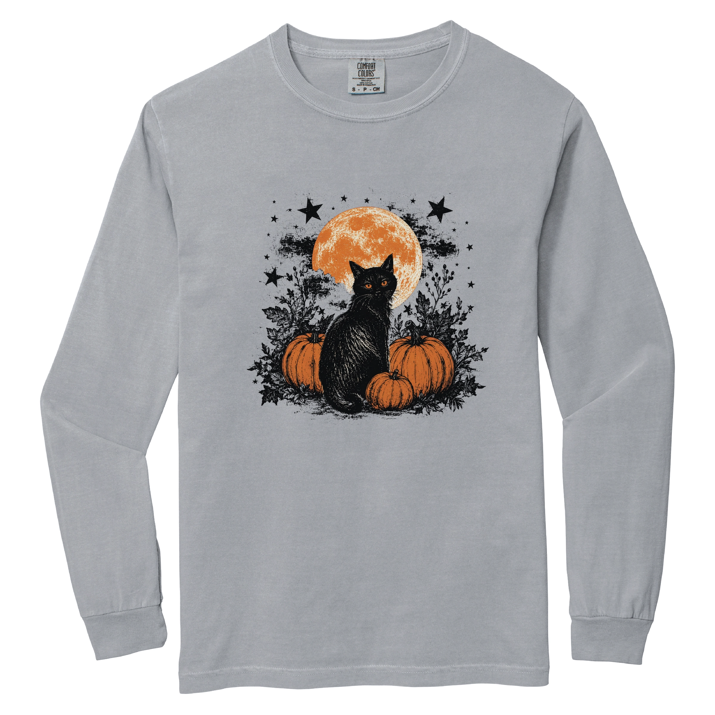 Simply Sage Market - Women's Garment Dyed Long Sleeve Graphic T-Shirt Black Cat Pumpkins