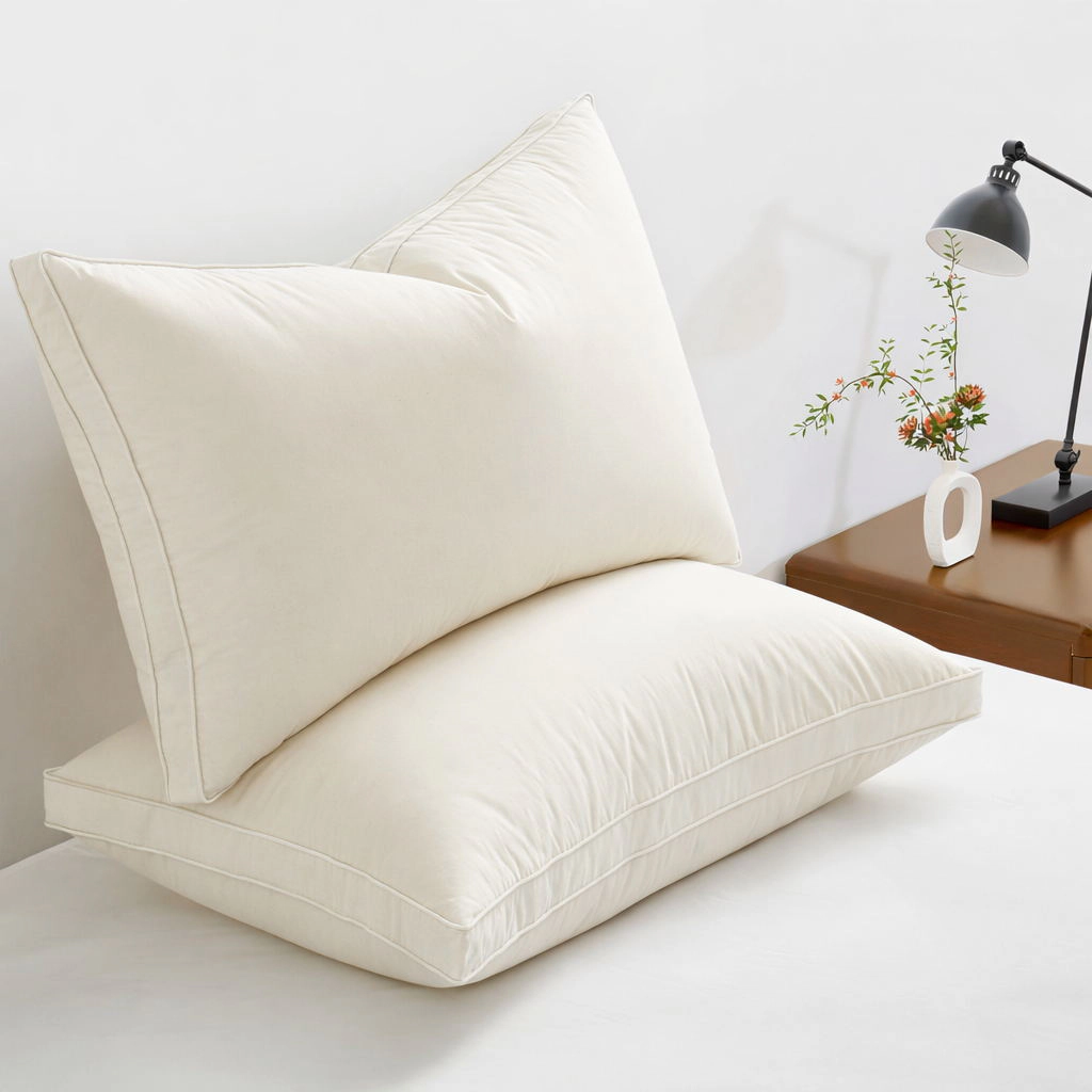 Puredown Selected Organic Cotton Layered Down Pillow Set of 2, Gusseted, Made in Germany