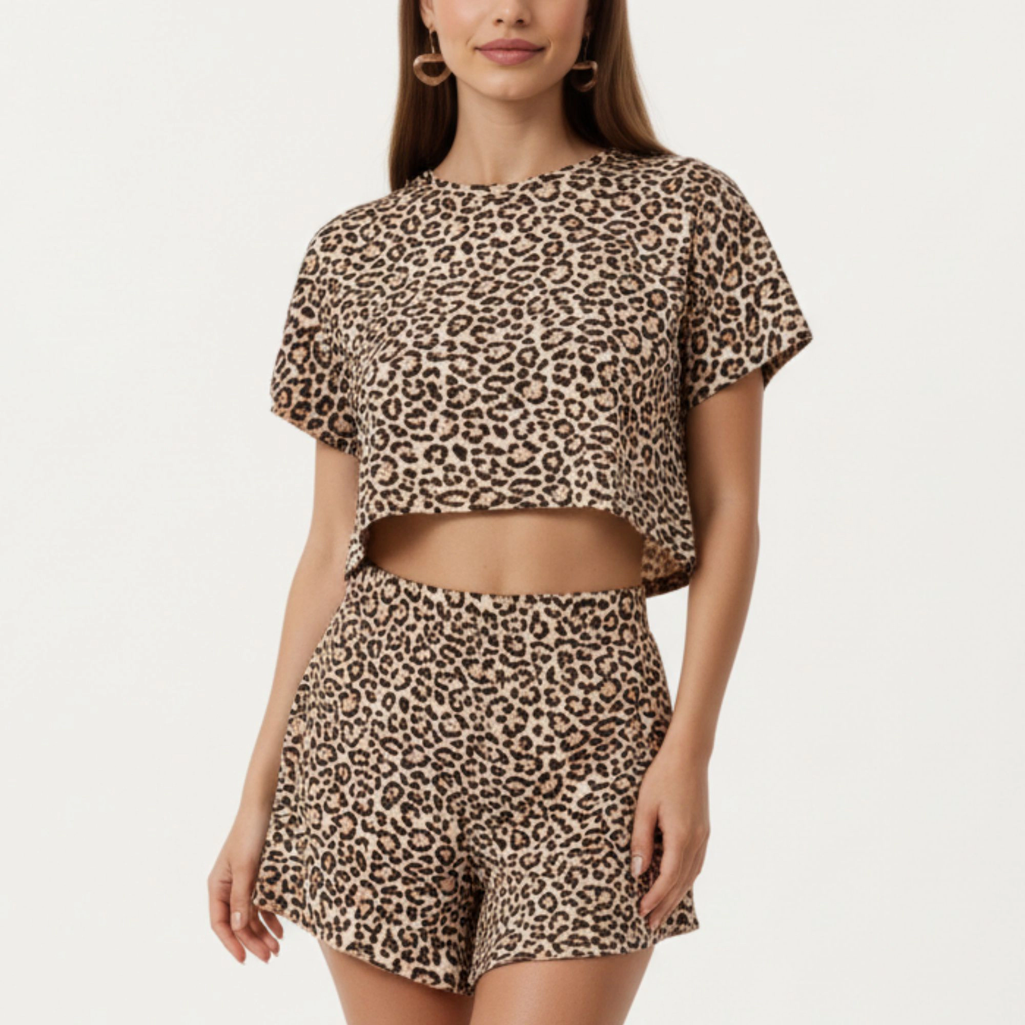 Anna-Kaci Women's Leopard Print Pajama Set with Short Sleeve Crew Neck Crop Top and Matching Elastic Waist Shorts