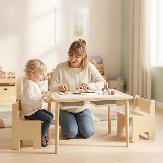 SUGIFT Kids Sensory Activity Table and 2-Chair Set, Adjustable Height, Natural Wood