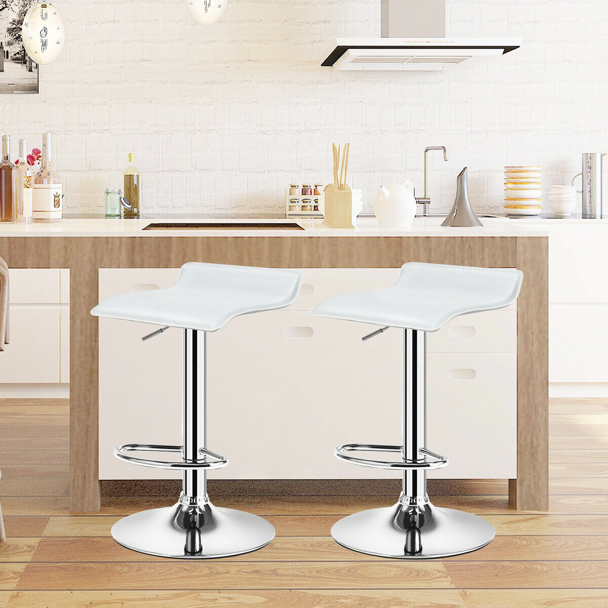 SUGIFT Adjustable PU Leather Backless Swivel Bar Stools Set of 2 264-lb Capacity White