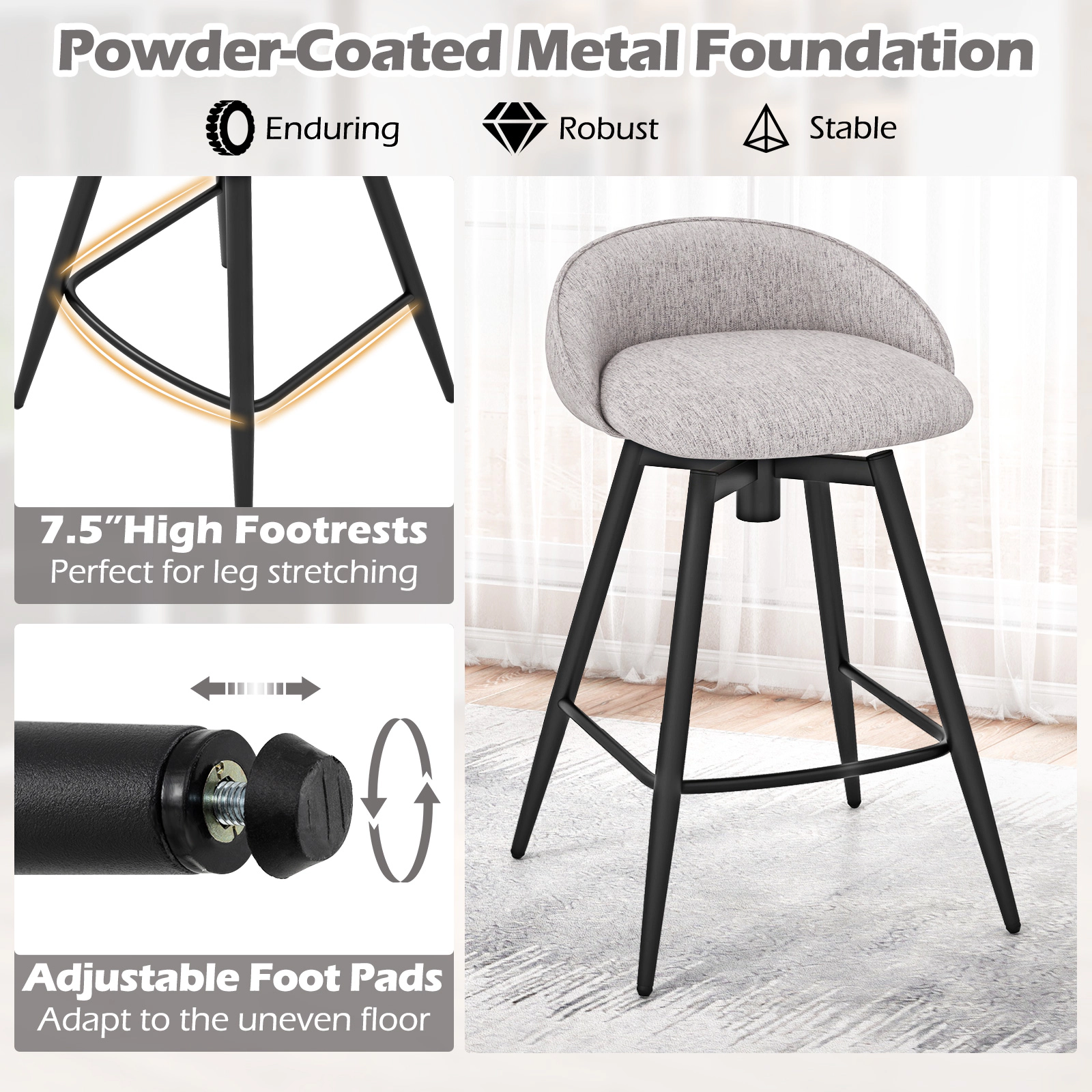 SUGIFT Gray Low Backrest and Footrest Set of 2 Upholstered Swivel Bar Stool