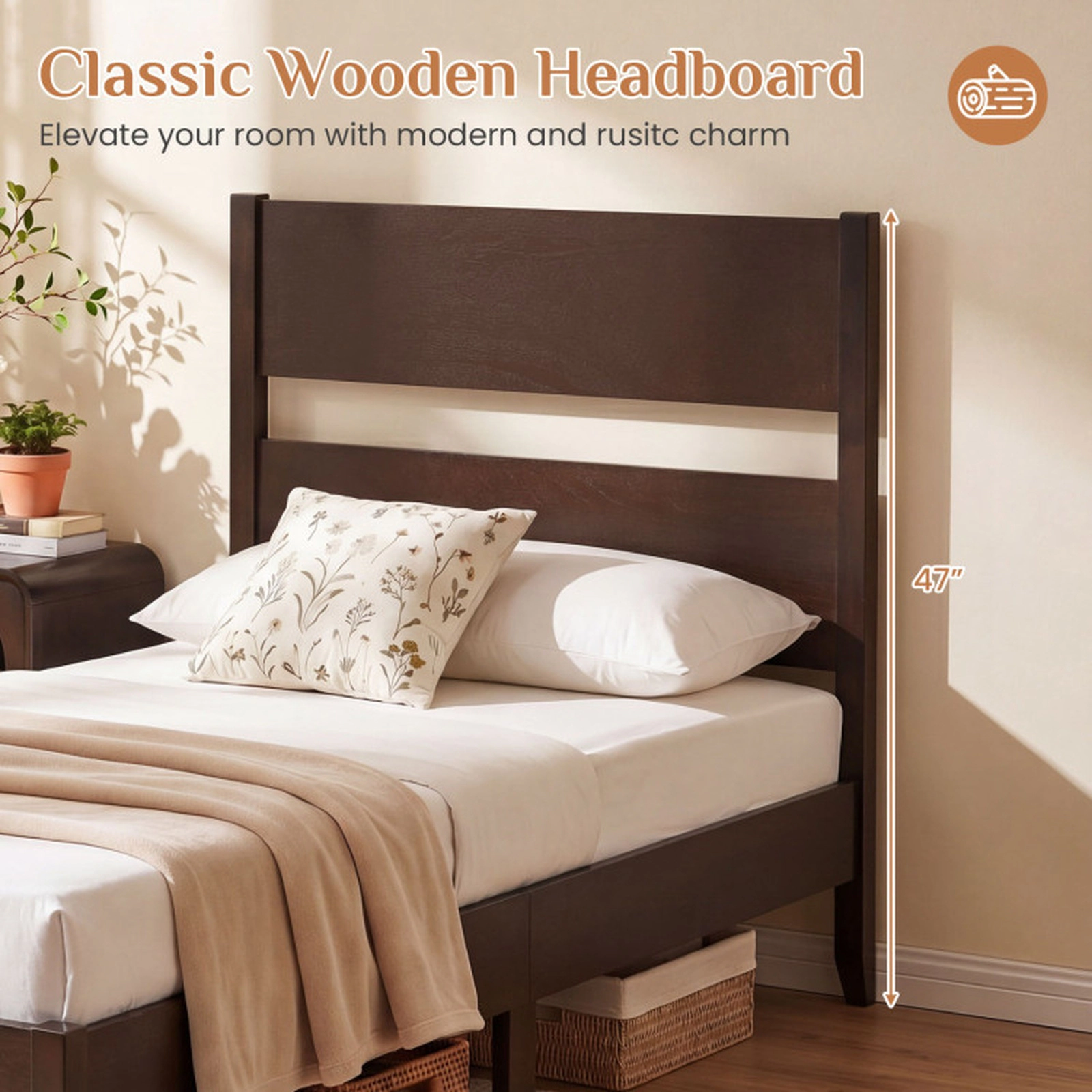 SUGIFT Dark Walnut Panel Headboard Solid Wood Legs and 12 Slats Twin Size Wooden Bed Frame