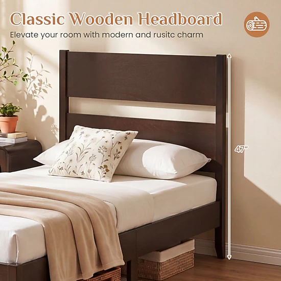 SUGIFT Solid Wood Twin Bed Frame with Headboard and 12 Slats 550-lb Capacity 79.5-in Frame Warm Brown/Dark Walnut