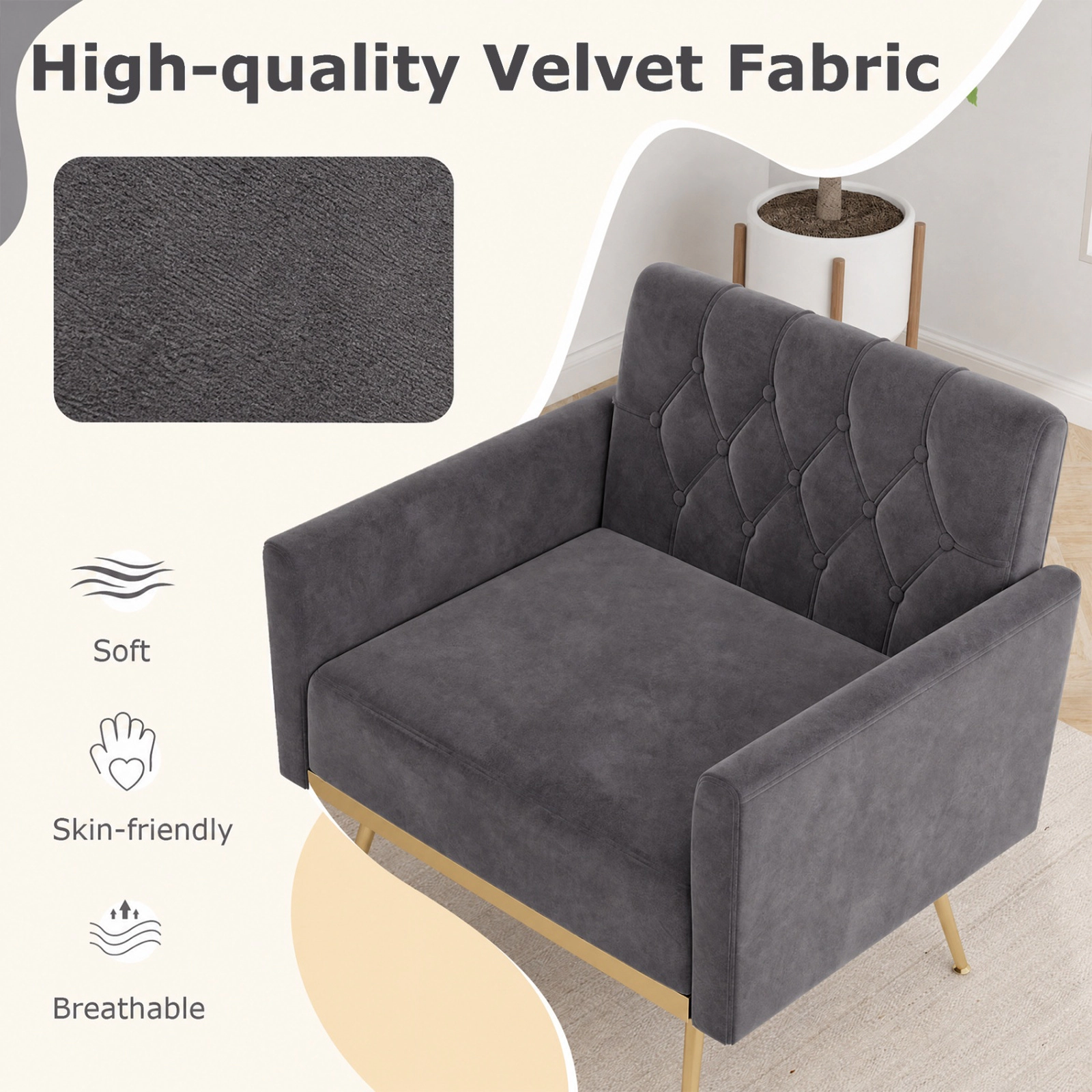SUGIFT Modern Velvet Upholstered Accent Chair with Button-Tufted Back and Adjustable Feet 350-lb Capacity Gray