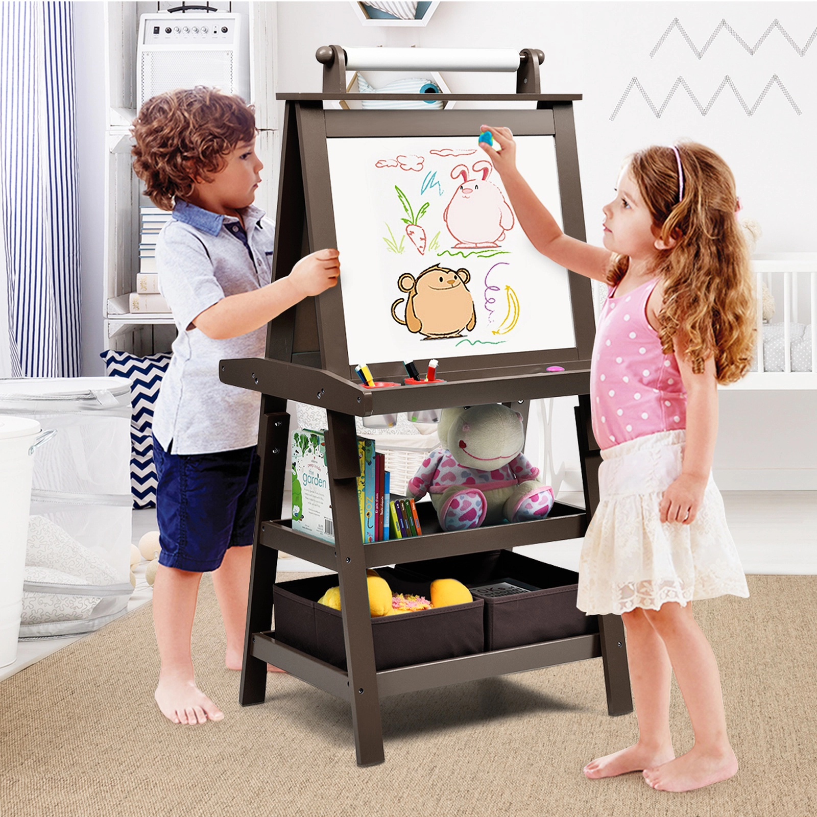 SUGIFT Brown 3-in-1 Double-Sided Kids Art Easel with Paper Roll and Storage Trays 23.5-in W 19.5-in D 46-in H