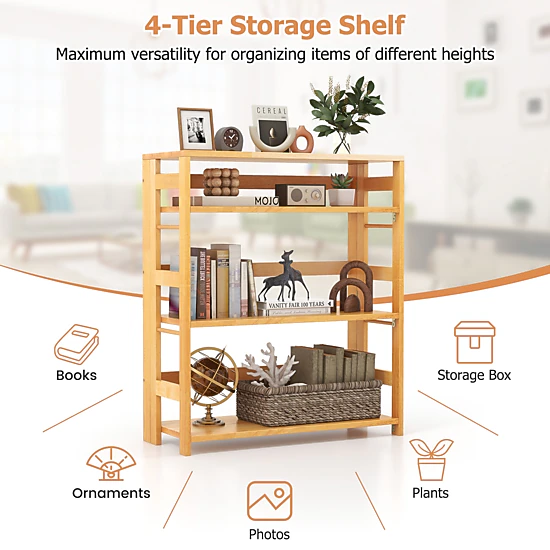 Hivvago 4-Tier Rubber Wood Bookshelf with Side Fences for Living Room
