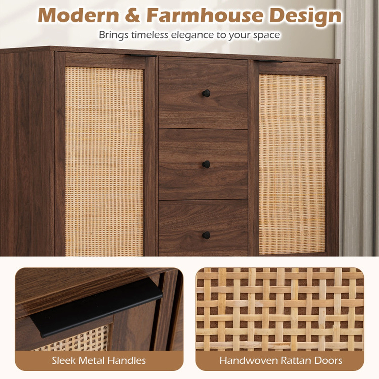 SUGIFT 3-Drawer 2 Rattan Doors Farmhouse Buffet Sideboard Cabinet 47.5-in x 16-in x 31.5-in 110-lb Capacity Brown