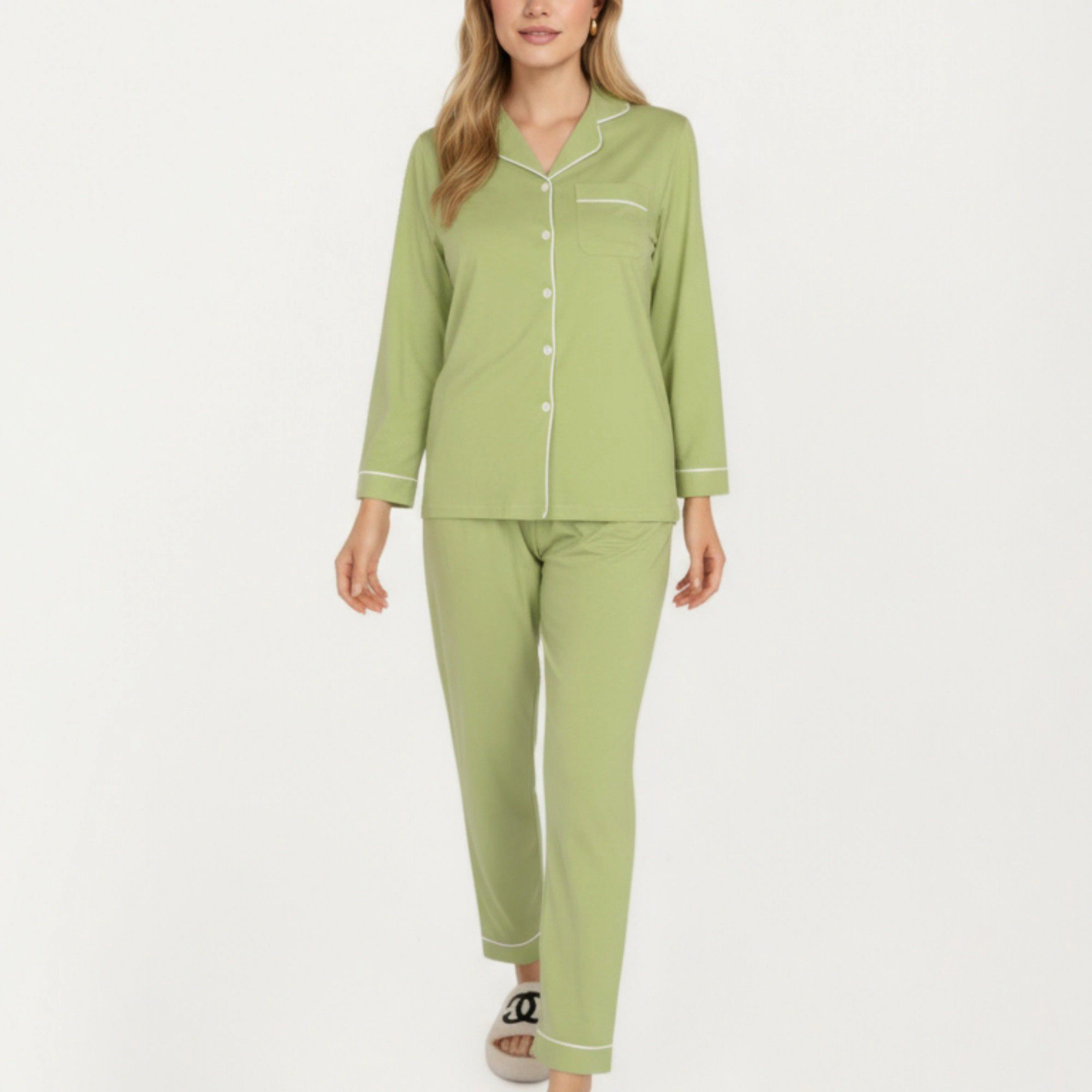 Anna-Kaci Women's 2-Piece Long Sleeve Button Front Top and Matching Relaxed Fit Pants Pajama Set with Contrast Piping