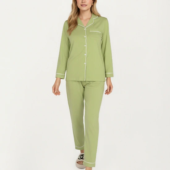 Anna-Kaci Women's 2-Piece Long Sleeve Button Front Top and Matching Relaxed Fit Pants Pajama Set with Contrast Piping