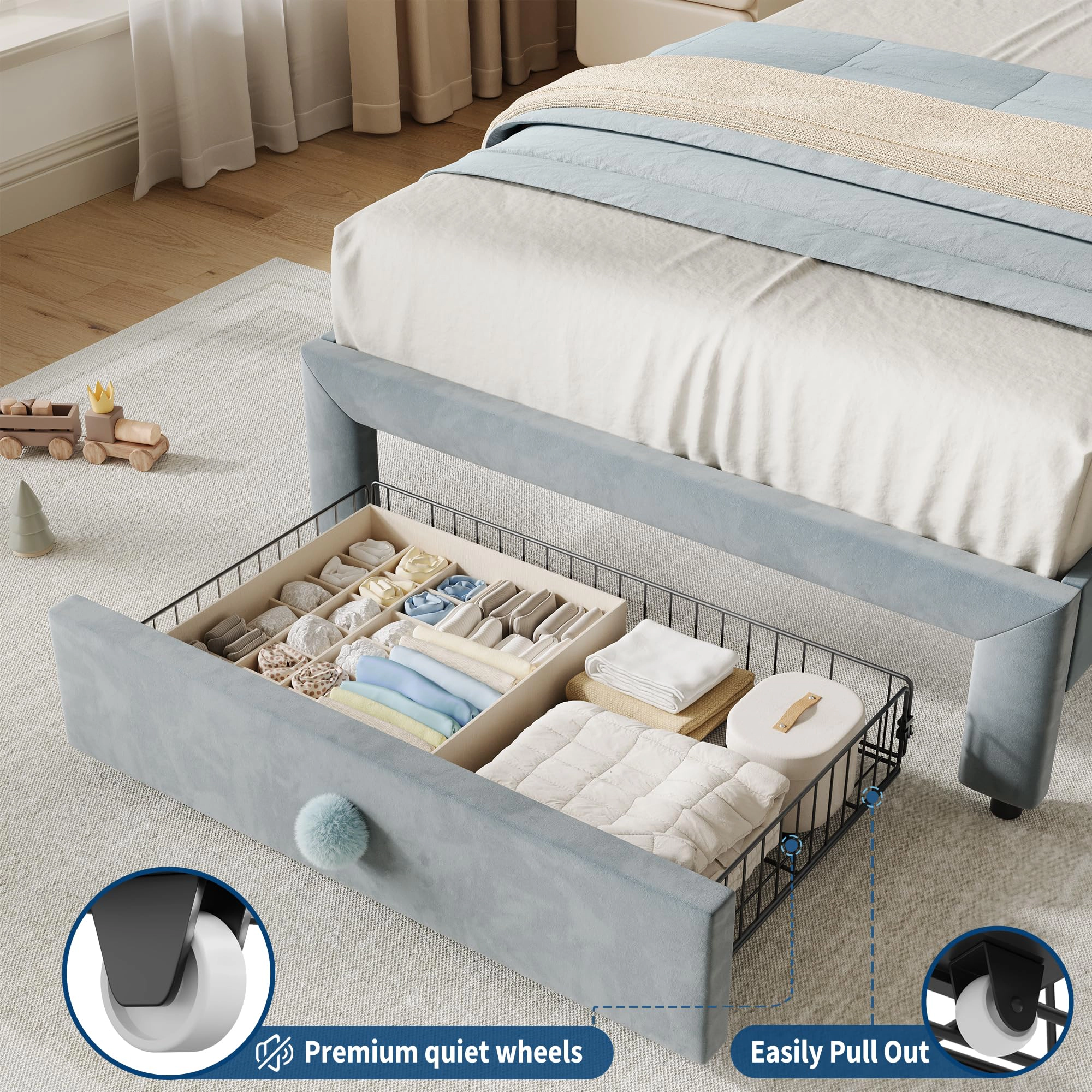 BebreezChic Upholstered Twin Bed Frame with Storage Drawer and Scallop Headboard, Princess Platform Frames