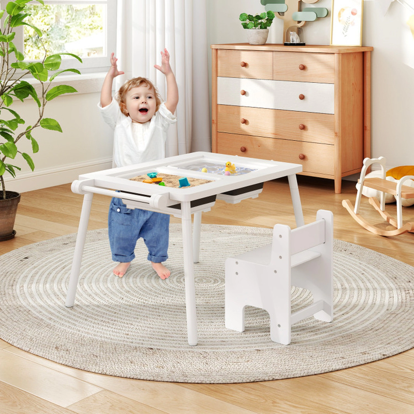 SUGIFT White Foldable Bins Paper Roll and Block Boards Kids Sensory Table and Chair Set