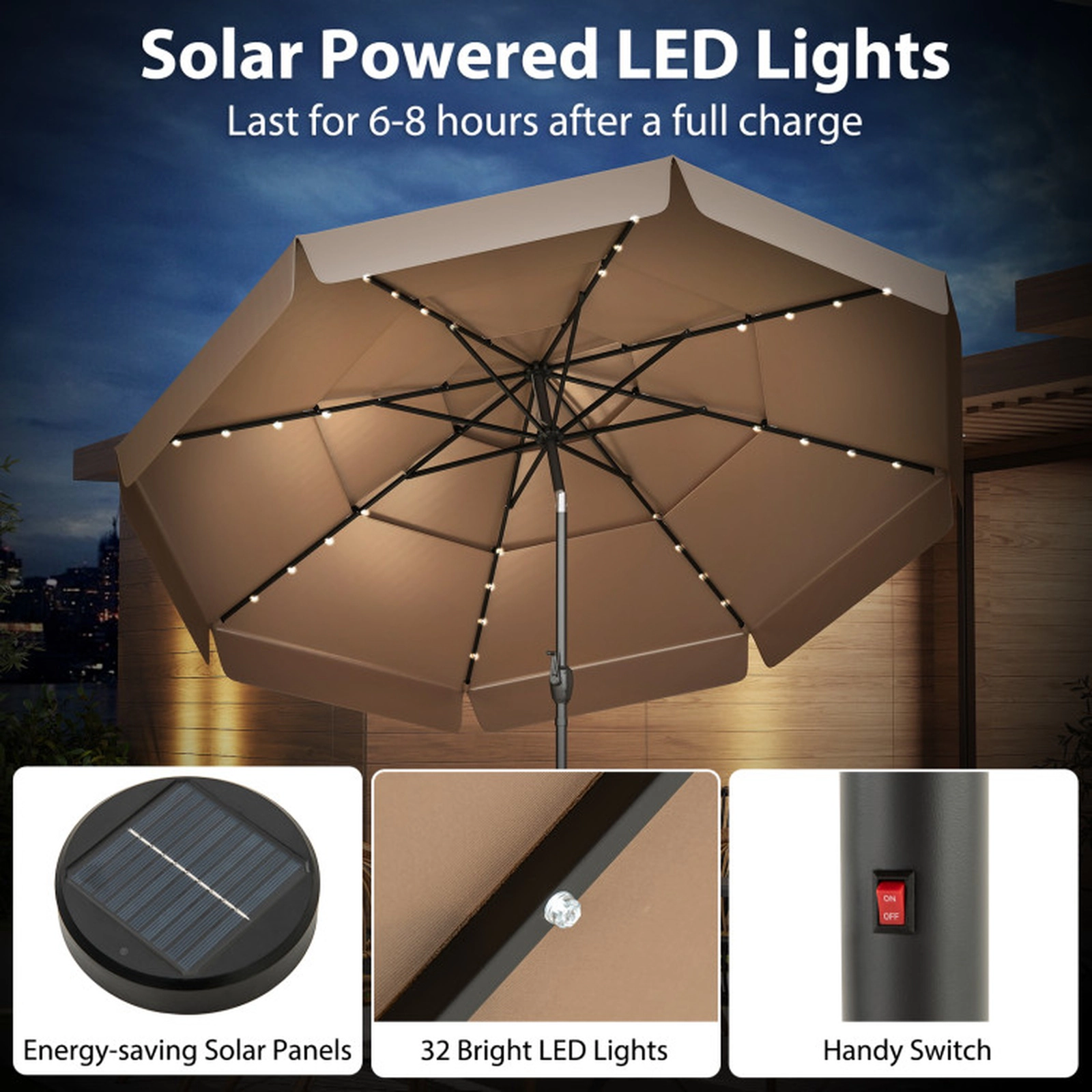 SUGIFT 3-Tier Vented Solar Patio Umbrella with LED Lights 10-ft Polyester Canopy 10 x 8.1 in Taupe