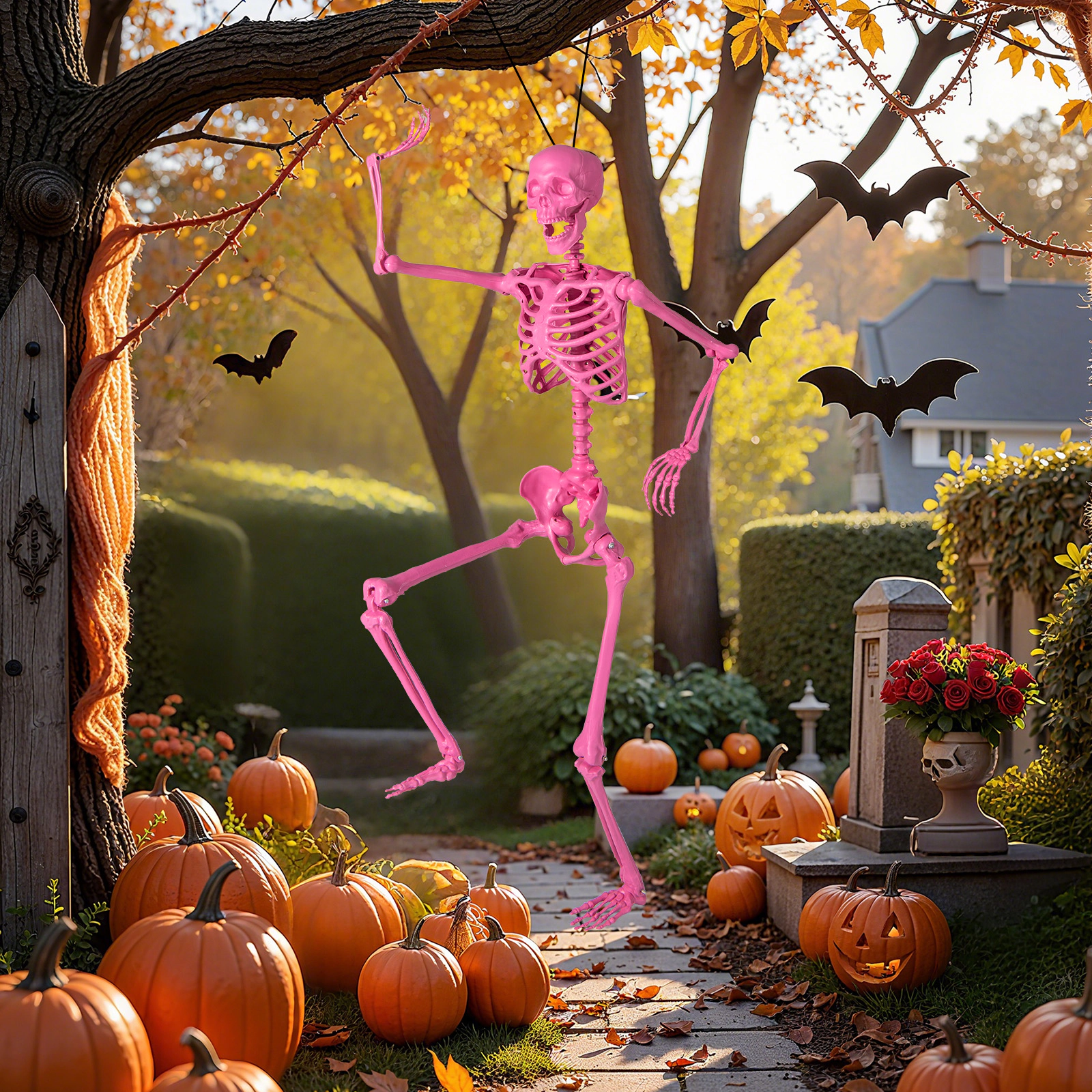 LJG 5.5 FT Life-Size Halloween Poseable Skeleton Pink Movable Joints