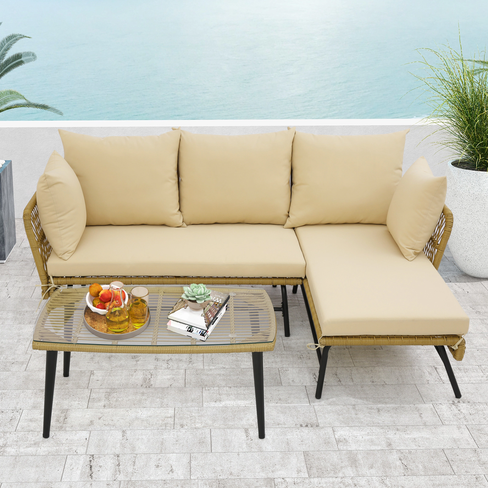 LJG 3 Pieces L-Shaped Patio Sofa with Cushions and Tempered Glass Table