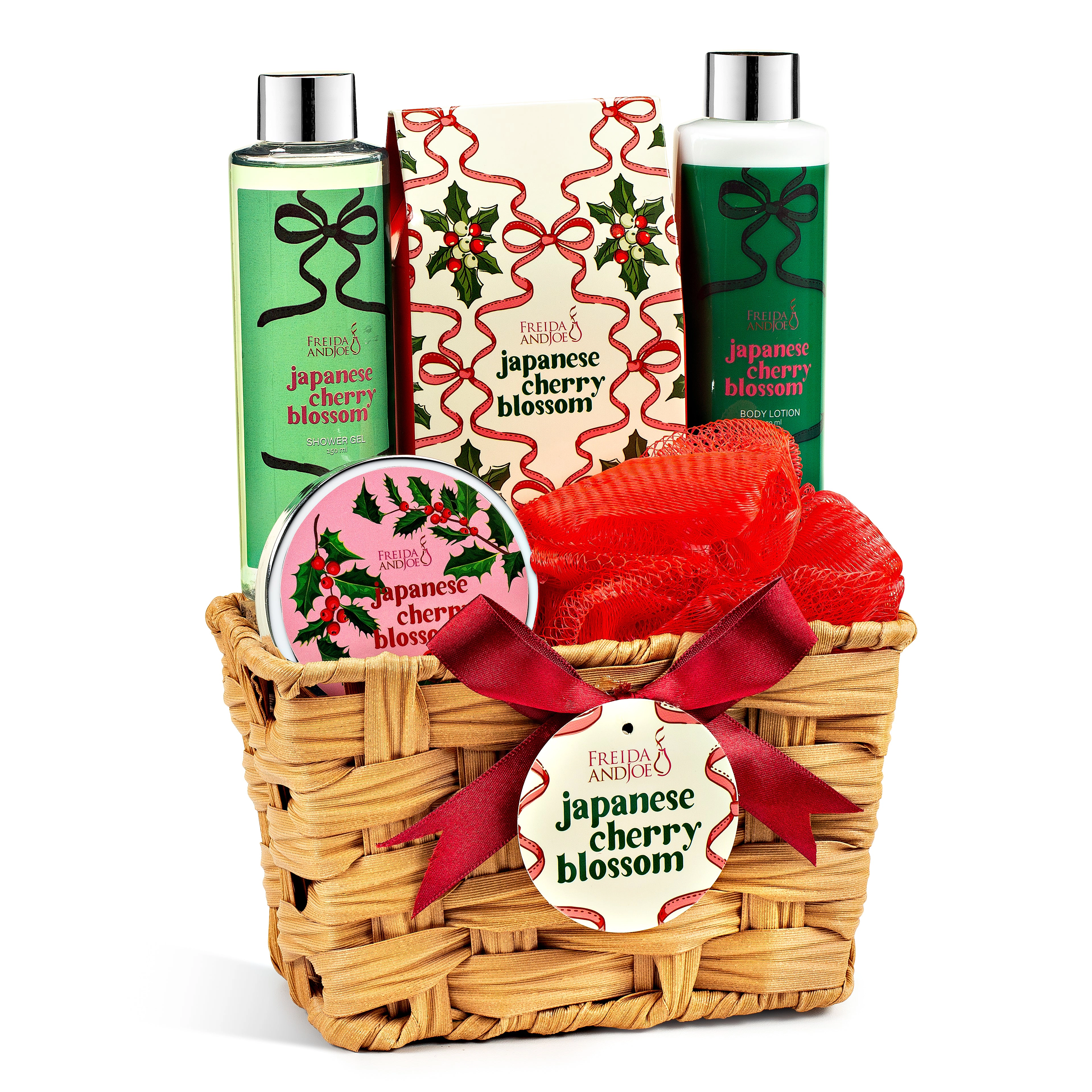 Freida and Joe Women Japanese Cherry Blossom Bath and Body Spa Gift Set in a Wicker Basket